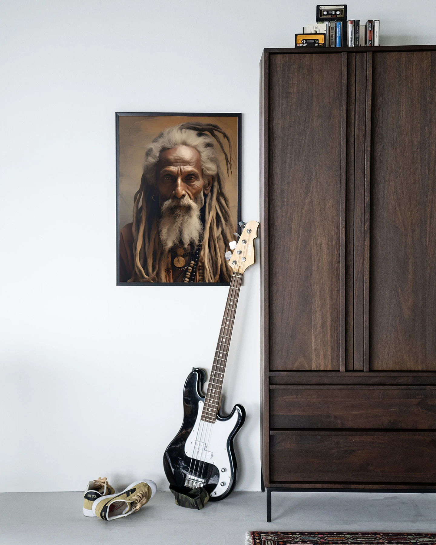 Wandkleed Wise Man - Urban Cotton hangt aan een witte muur naast een donkerbruine kast met een gitaar ervoor