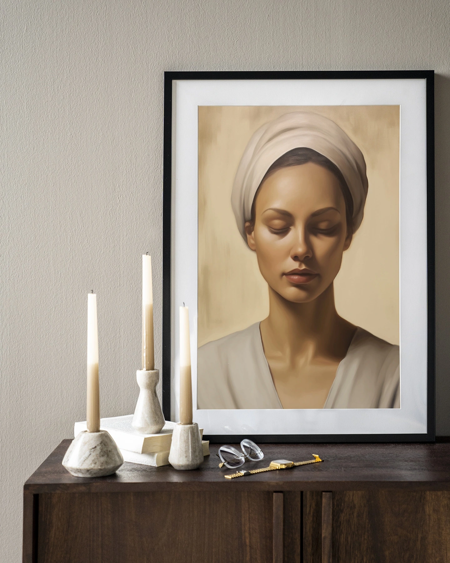 Wandteppich Healing - Urban Cotton, gerahmt über einem Sideboard mit Kerzen und Accessoires