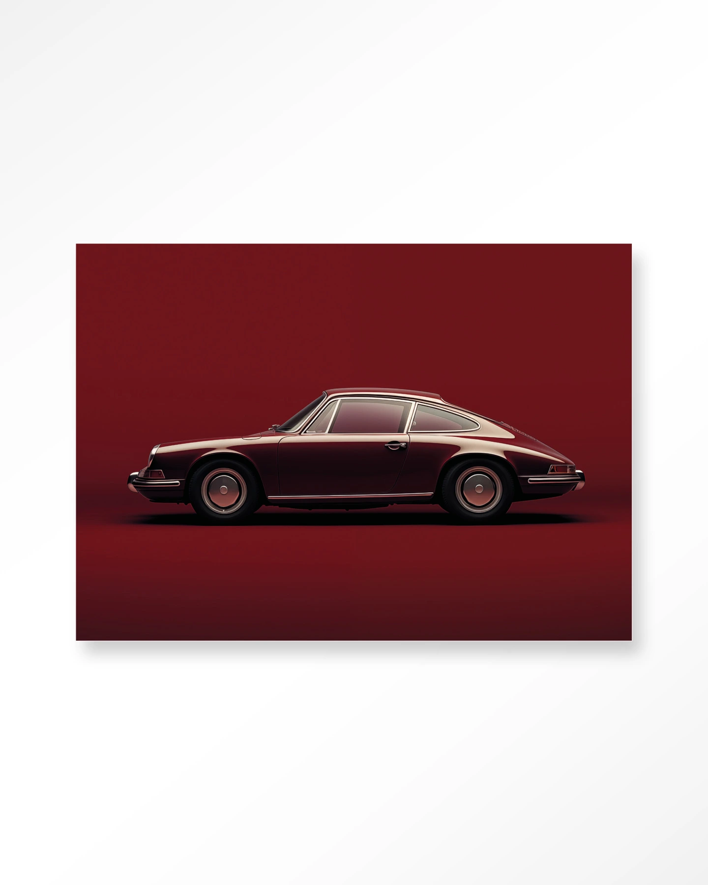 Wandkleed Vintage Porsche Red - Urban Cotton in een studio-opstelling, een klassieke rode Porsche staat op een rode ondergrond