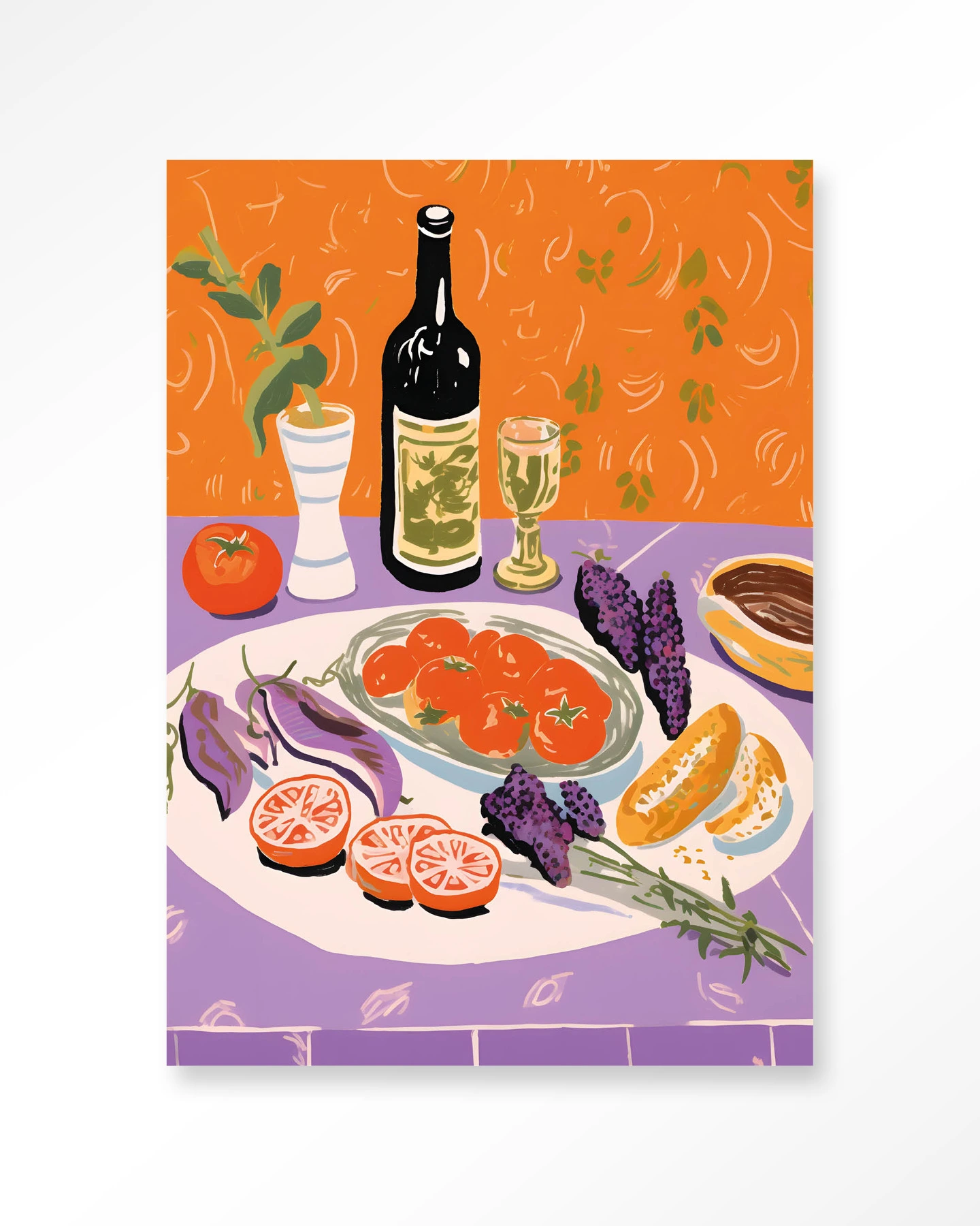 Wandkleed Mediterranean Table - Urban Cotton met een kleurrijke illustratie van een tafel vol eten en drinken