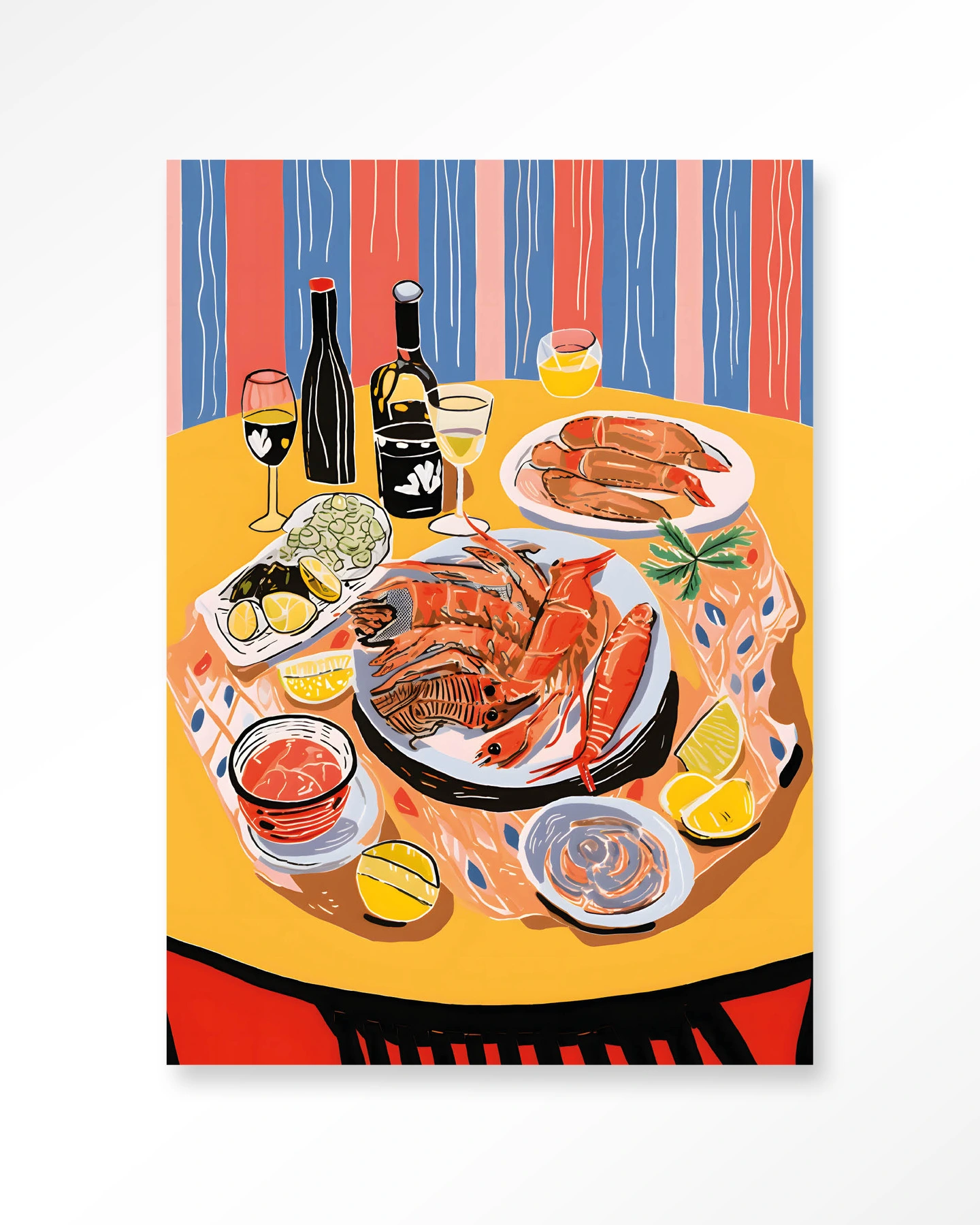 Wandkleed Fruits de Mer aan een witte muur, met een tafel vol zeevruchten en wijn - Urban Cotton