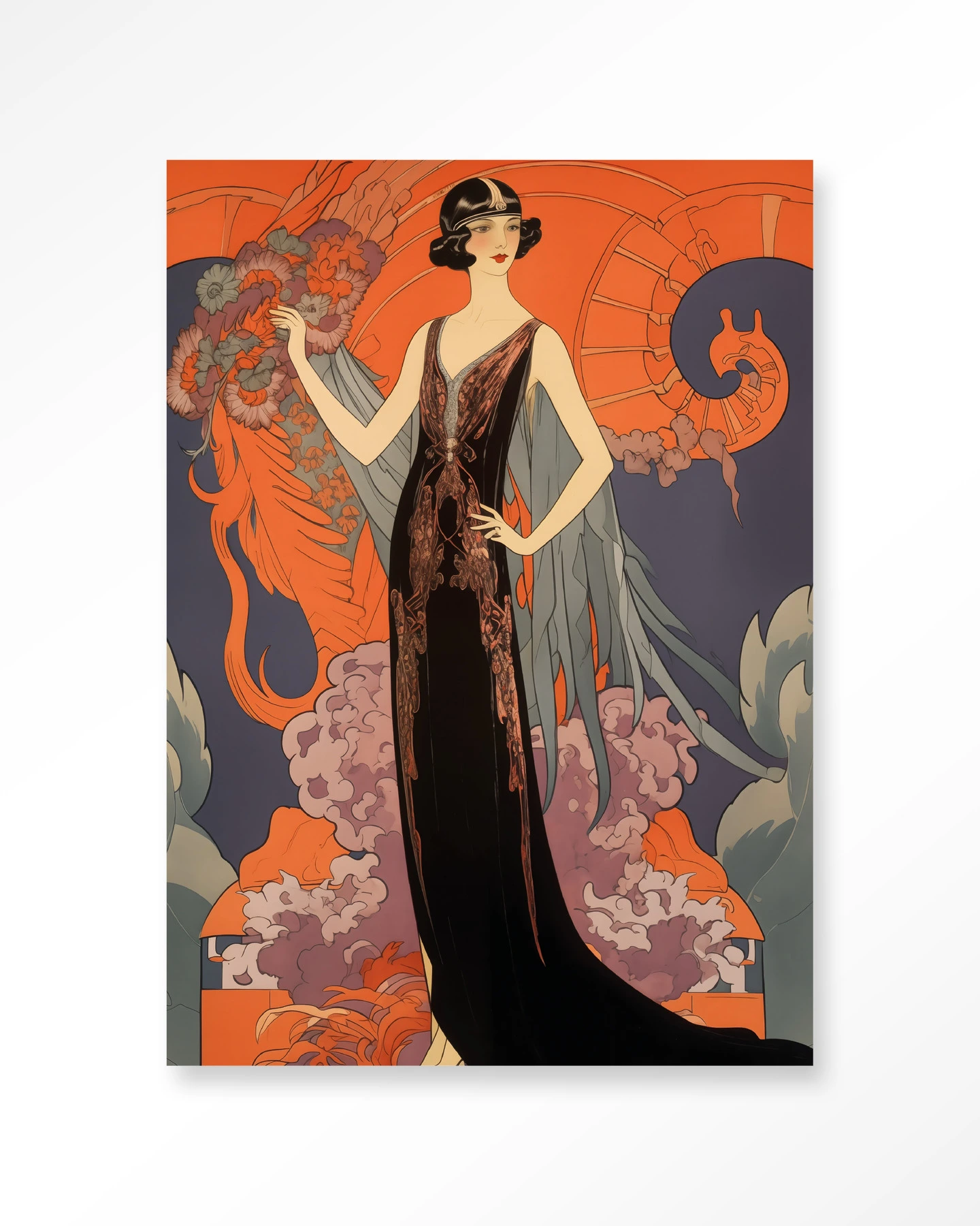 Wandkleed Gatsby Lady in art deco stijl met een vrouw in een zwarte jurk en oranje achtergrond - Urban Cotton