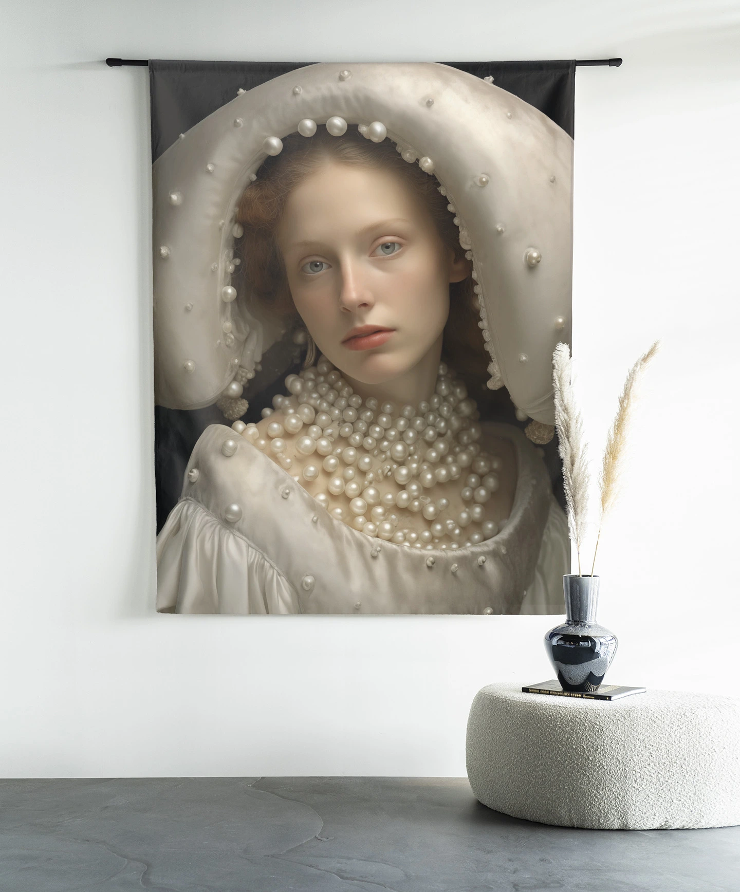 Wandkleed Pearl Princess - Urban Cotton hangt aan een zwarte roede boven een witte poef met een vaas en boeken