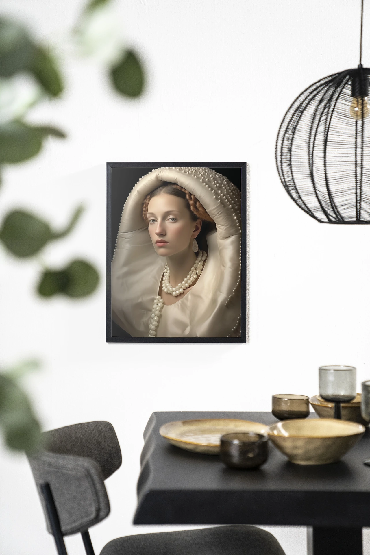 Wandkleed Queen of Pearls - Urban Cotton hangend aan een witte muur boven een zwarte eettafel