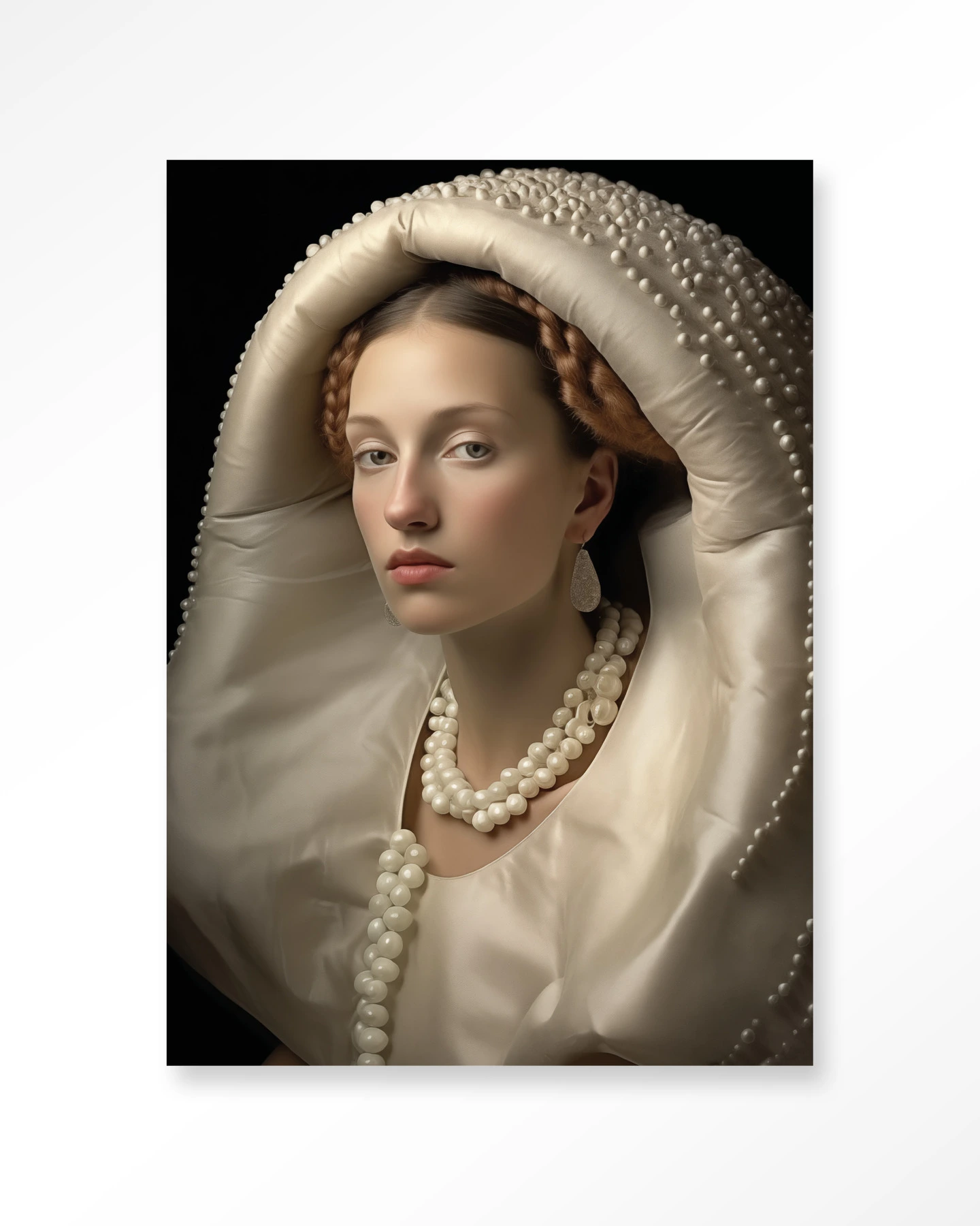 Wandkleed Queen of Pearls - Urban Cotton, toont een vrouw met parelkettingen en een parelhoofddeksel