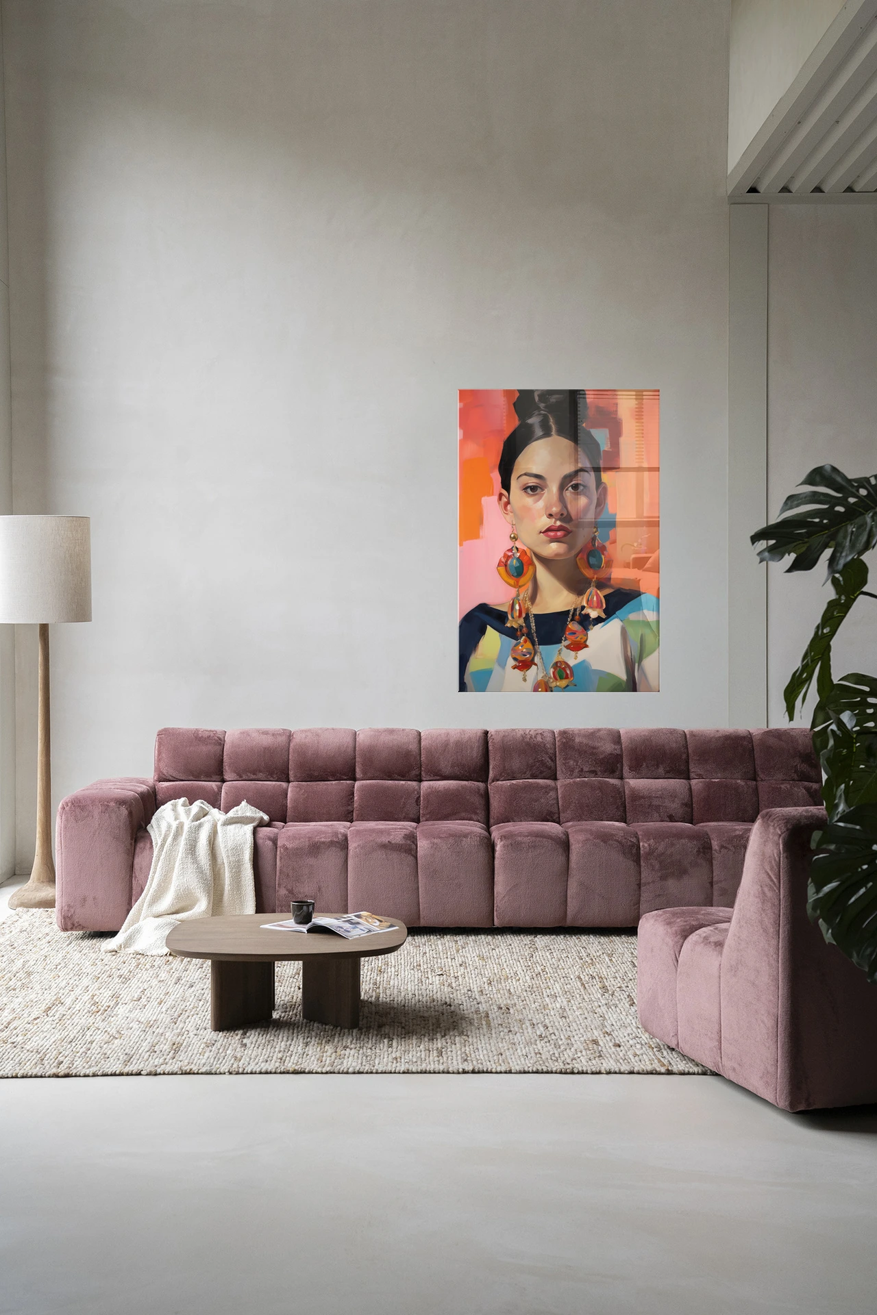 Wandkleed Senorita in een moderne woonkamer boven een roze bank met een salontafel - Urban Cotton