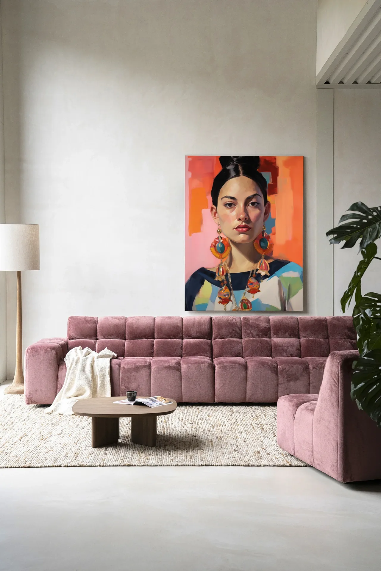 Wandkleed Senorita in een moderne woonkamer met een roze bank en houten salontafel - Urban Cotton