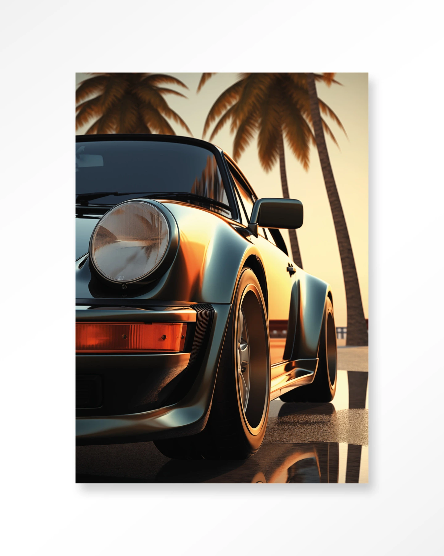 Wandkleed Miami Style met een klassieke sportwagen op een weg met palmbomen bij zonsondergang - Urban Cotton