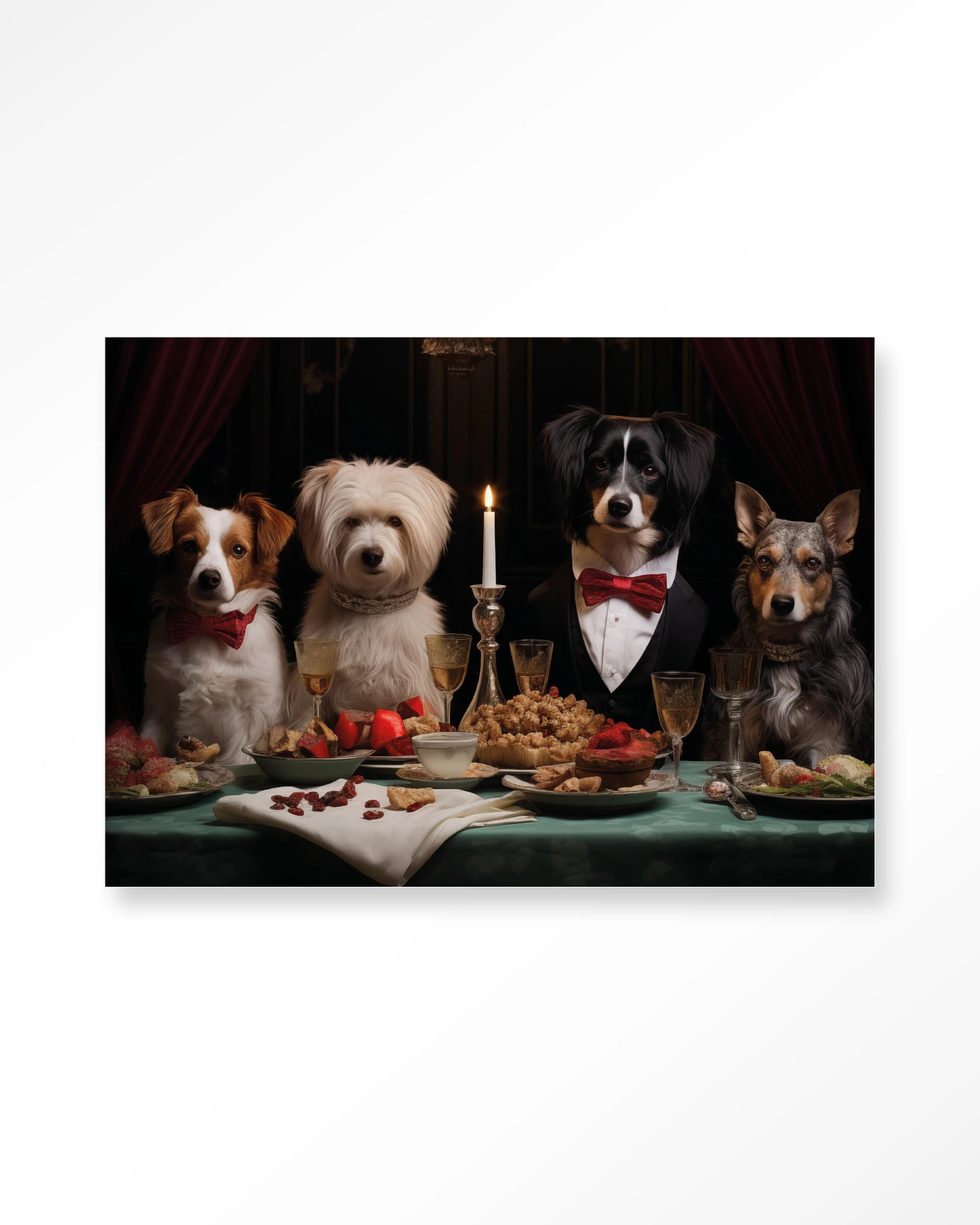 Wandkleed A Dog Dinner toont vier honden in smoking en met strikjes aan een feestelijk gedekte tafel - Urban Cotton