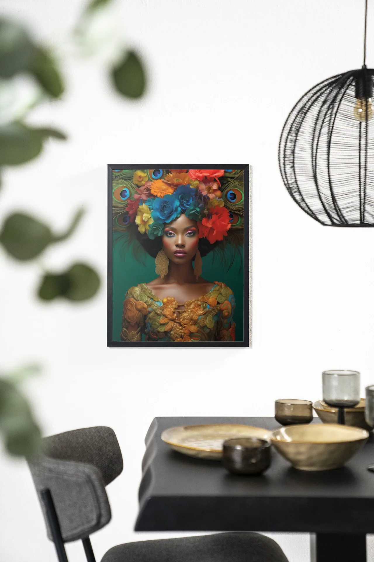 Wandteppich Adeola an einer weißen Wand in einem Esszimmer mit dunklem Tisch und Stühlen - Urban Cotton