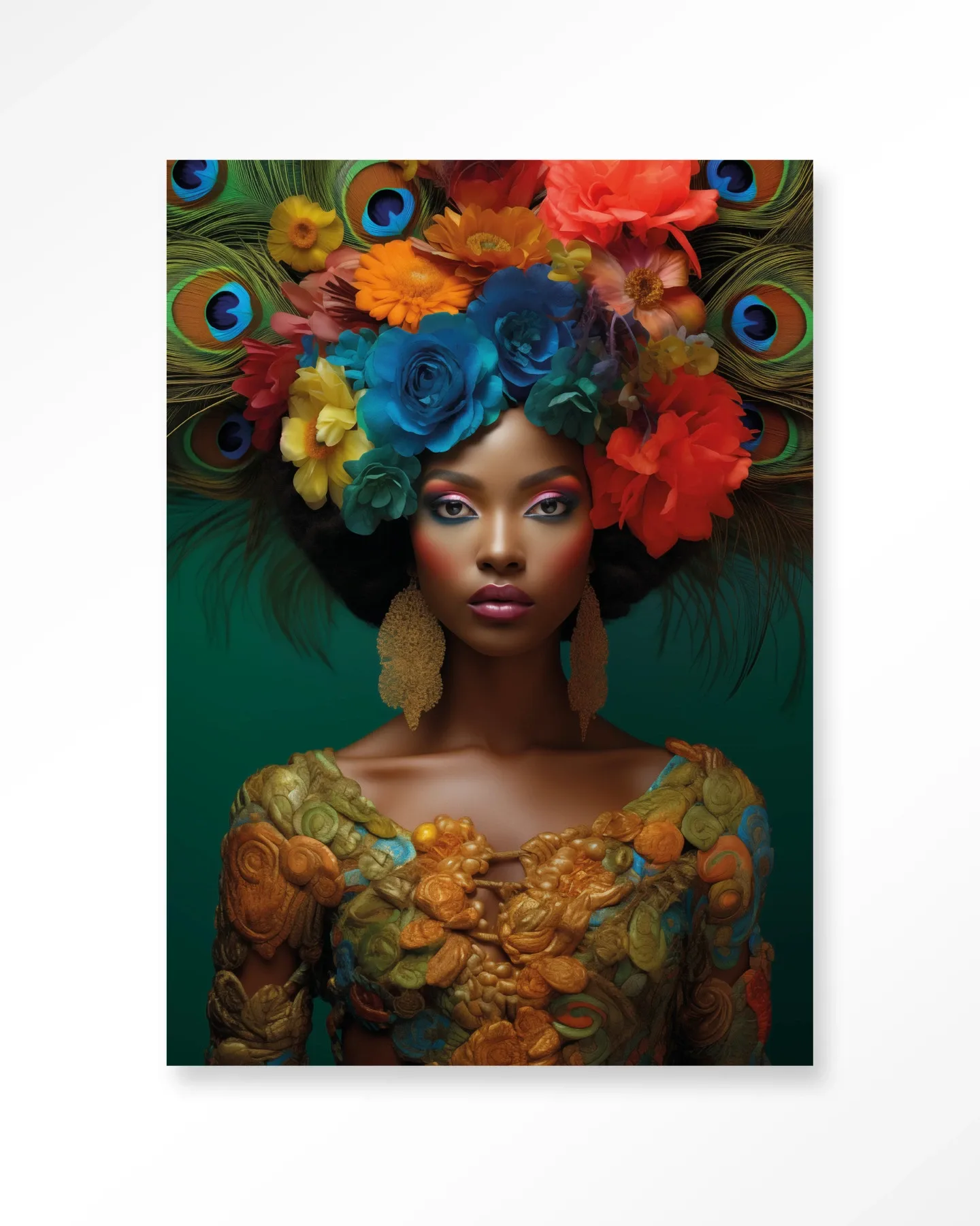 Wandteppich Adeola - Urban Cotton mit einem Porträt einer Frau mit Blumen und Pfauenfedern auf dem Kopf