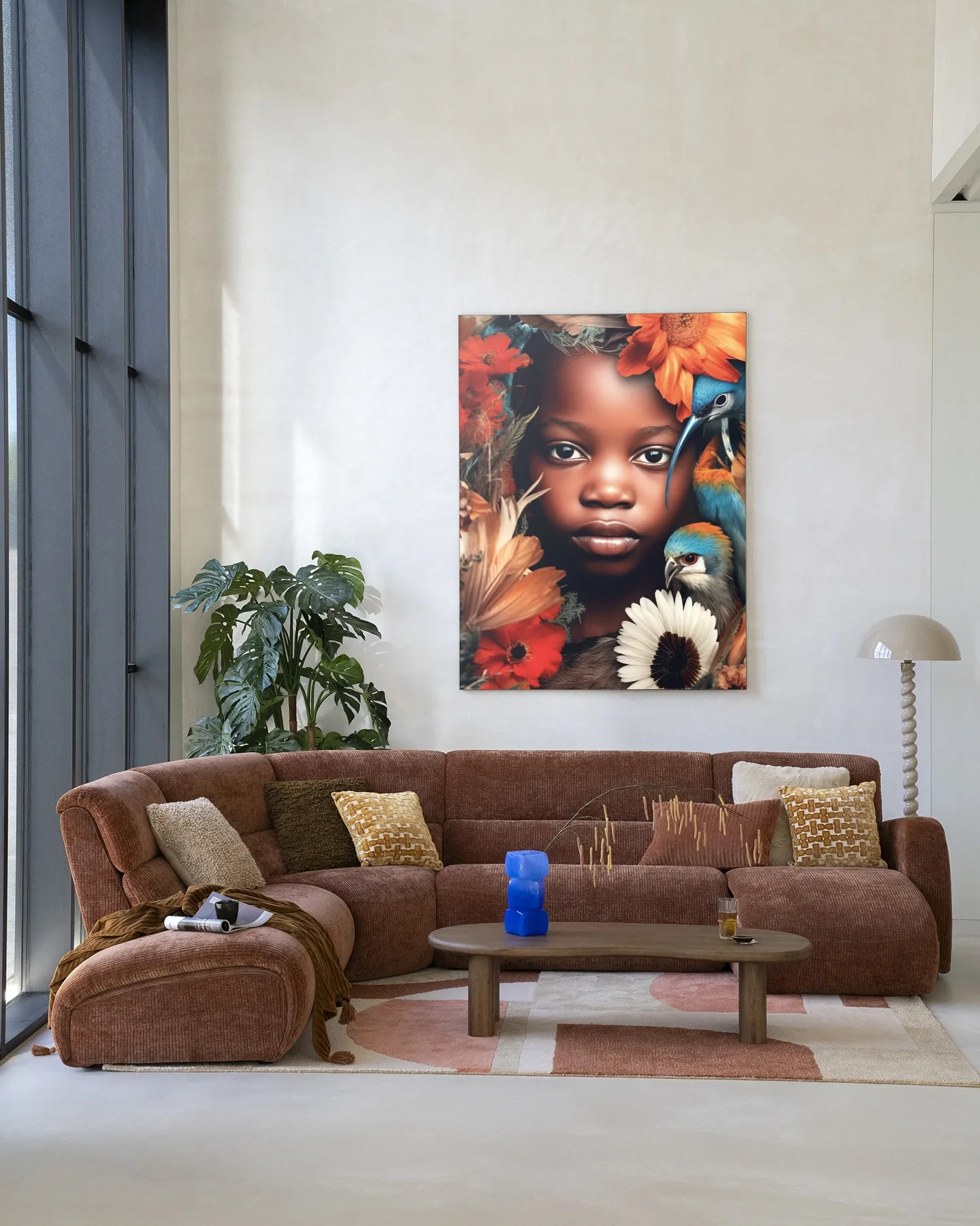 Wandkleed Paradise Bird - Urban Cotton hangend boven een bruine ribfluwelen bank in een lichte woonkamer