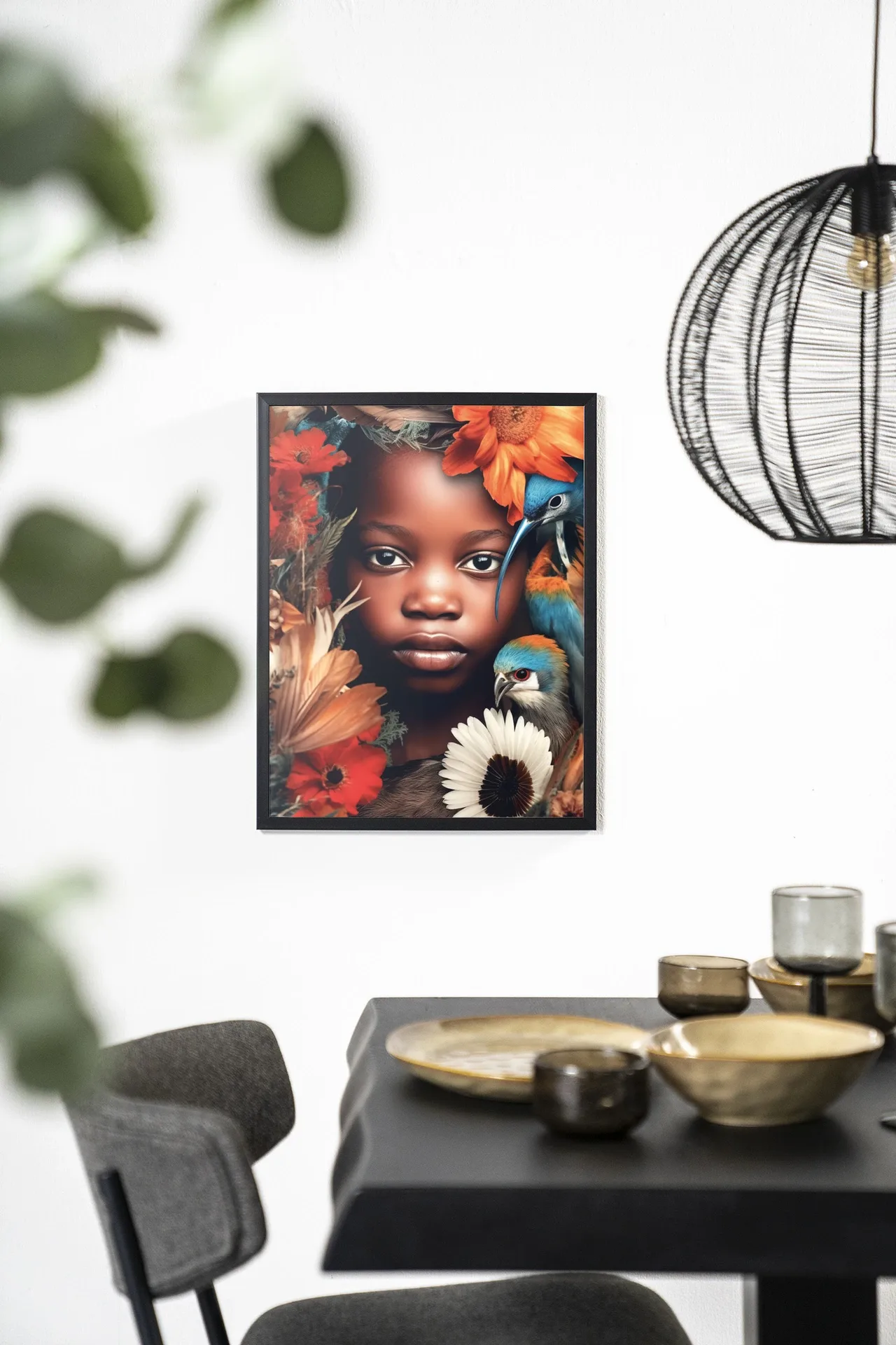 Wandkleed Paradise Bird - Urban Cotton hangend aan een witte muur boven een zwarte eettafel