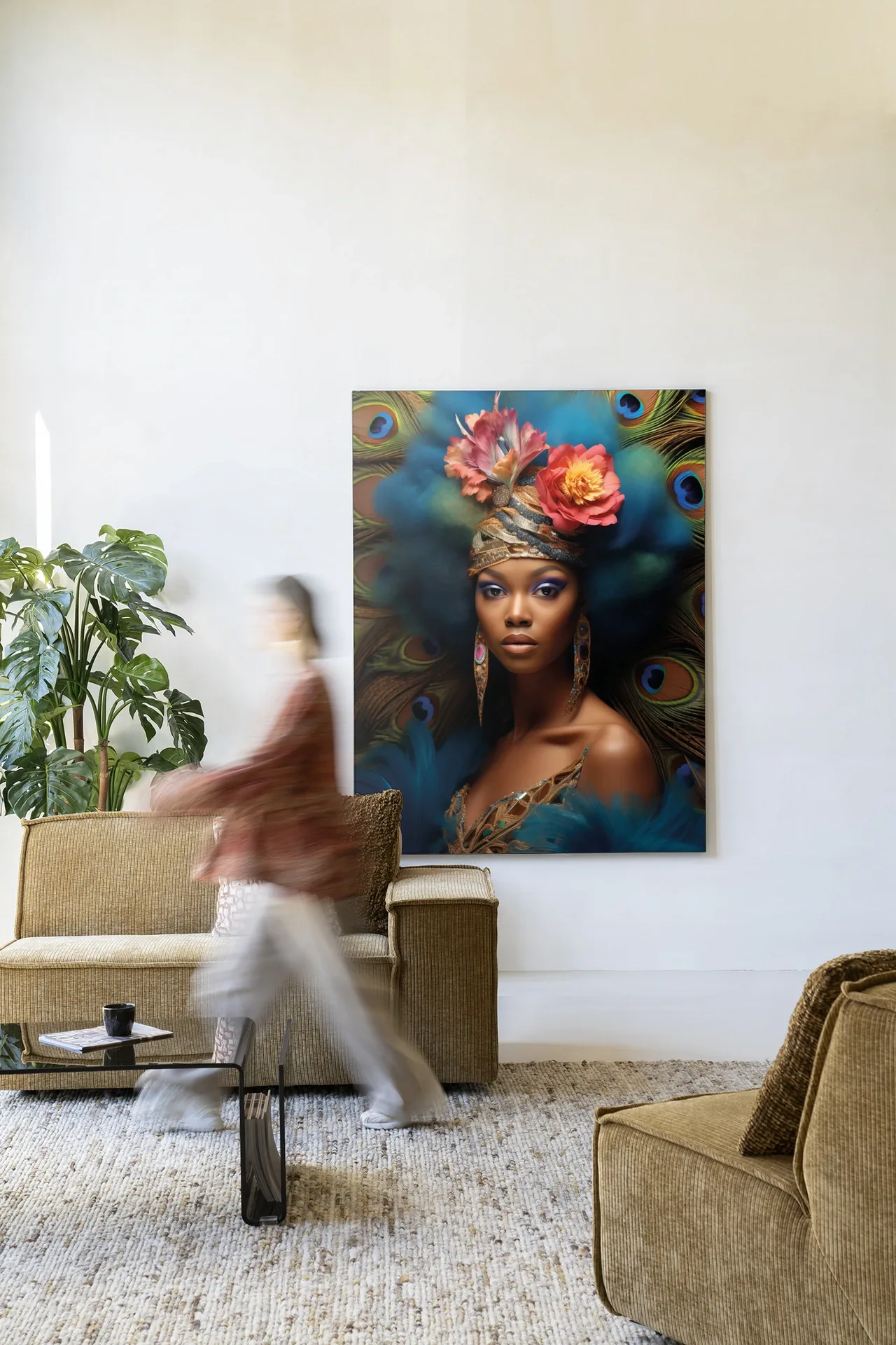 Wandkleed Maua - Urban Cotton in een moderne woonkamer met een persoon in beweging