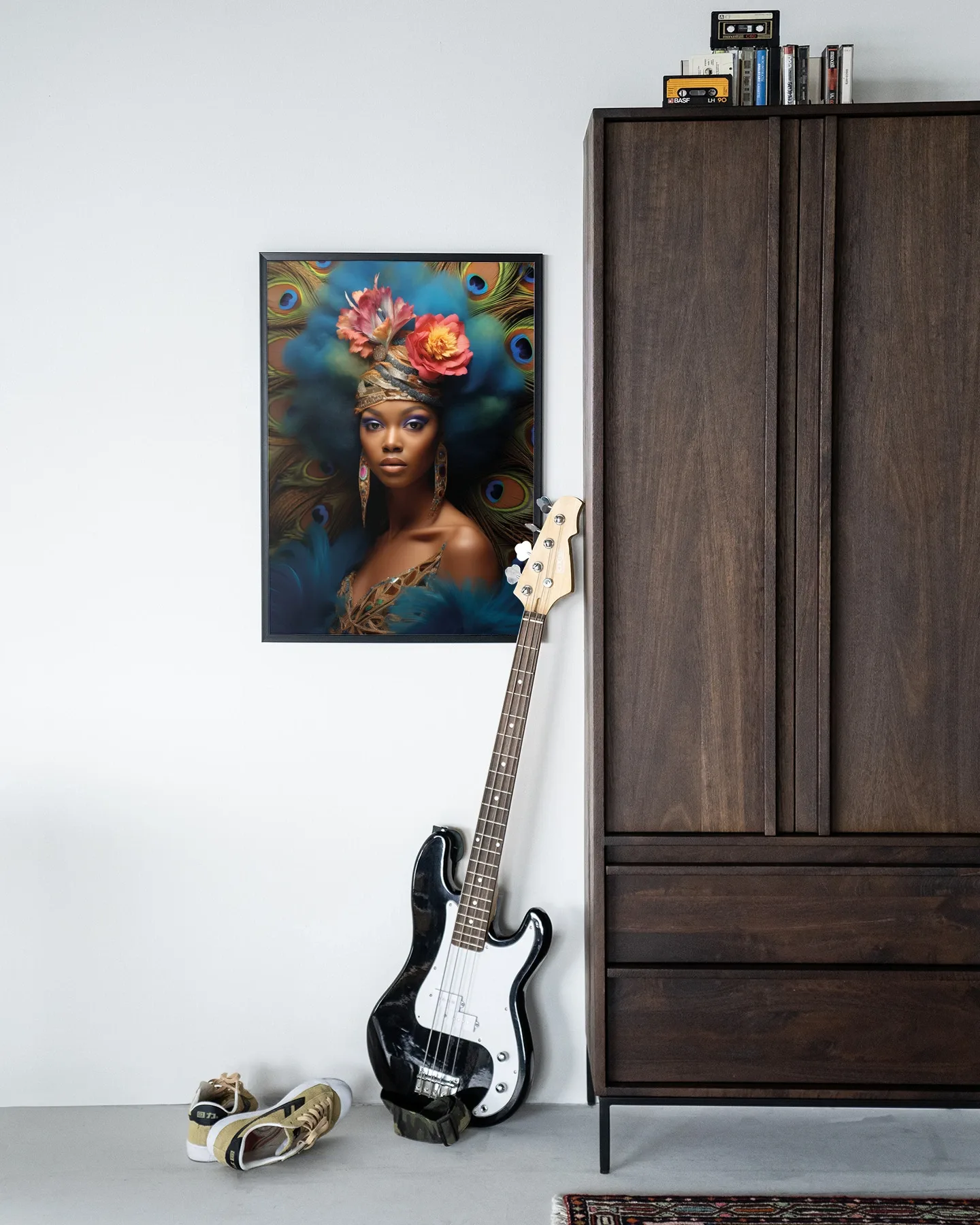 Wandkleed Maua - Urban Cotton in een moderne setting met een gitaar en sneakers