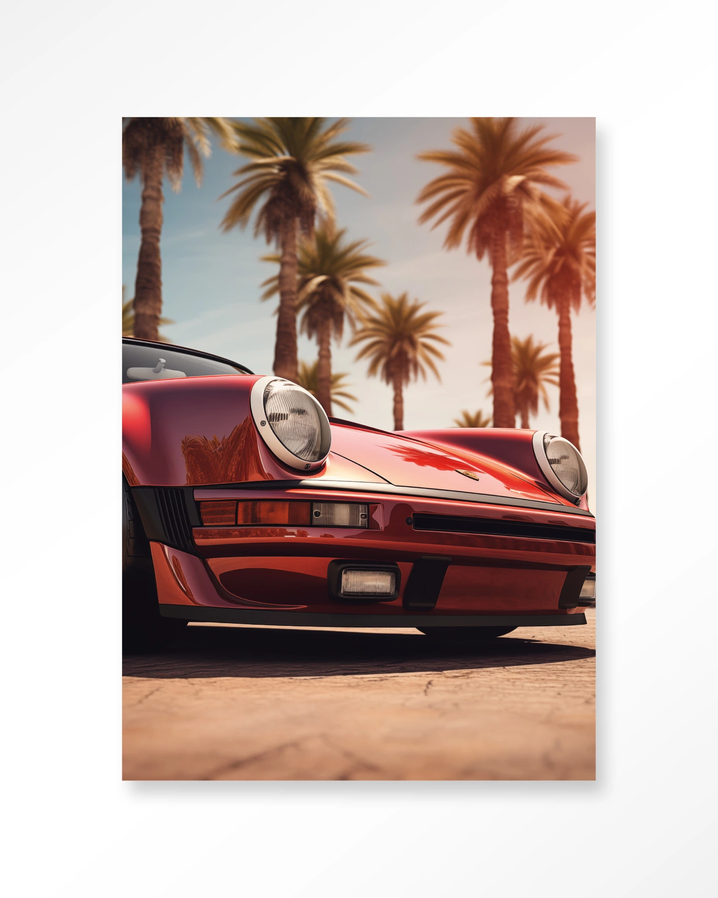Een close-up van een rode sportwagen met palmboomen op de achtergrond, als wandkleed - Urban Cotton