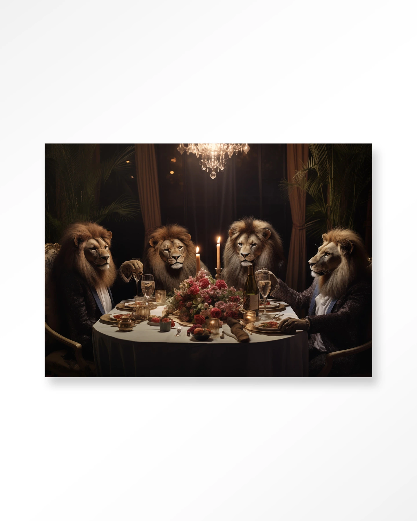 Wandkleed Lions Dinner - Urban Cotton toont vier leeuwen in pak aan een gedekte tafel met kaarsen en bloemen