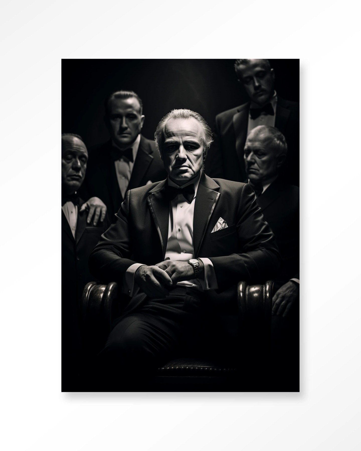 Wandkleed Dons Legacy - Urban Cotton toont een zwart-witfoto van vijf mannen in pakken, de hoofdpersoon zit in een stoel