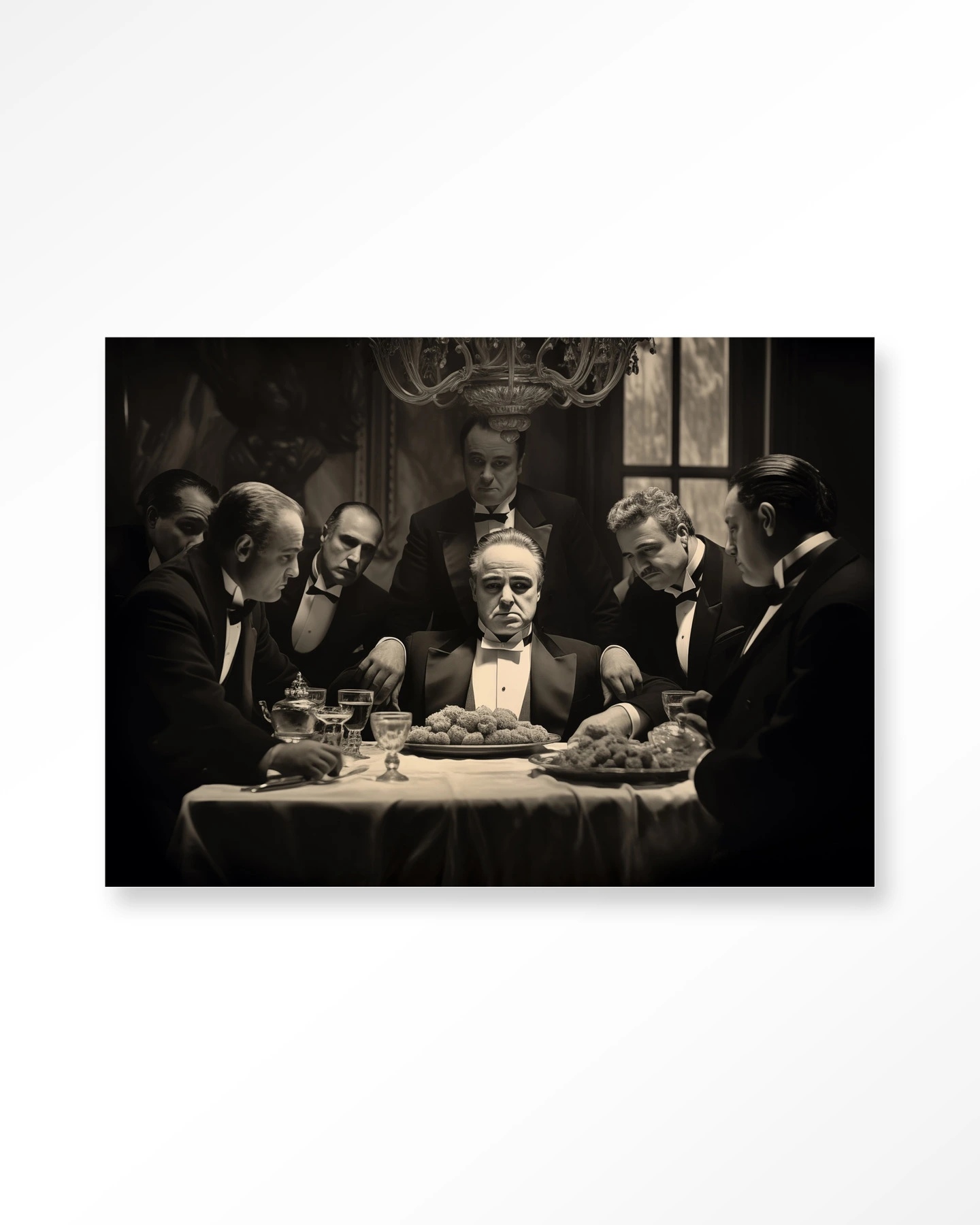Wandkleed Dinner With Gangsters - Urban Cotton toont een groep mannen in pakken aan een tafel, in zwart-wit