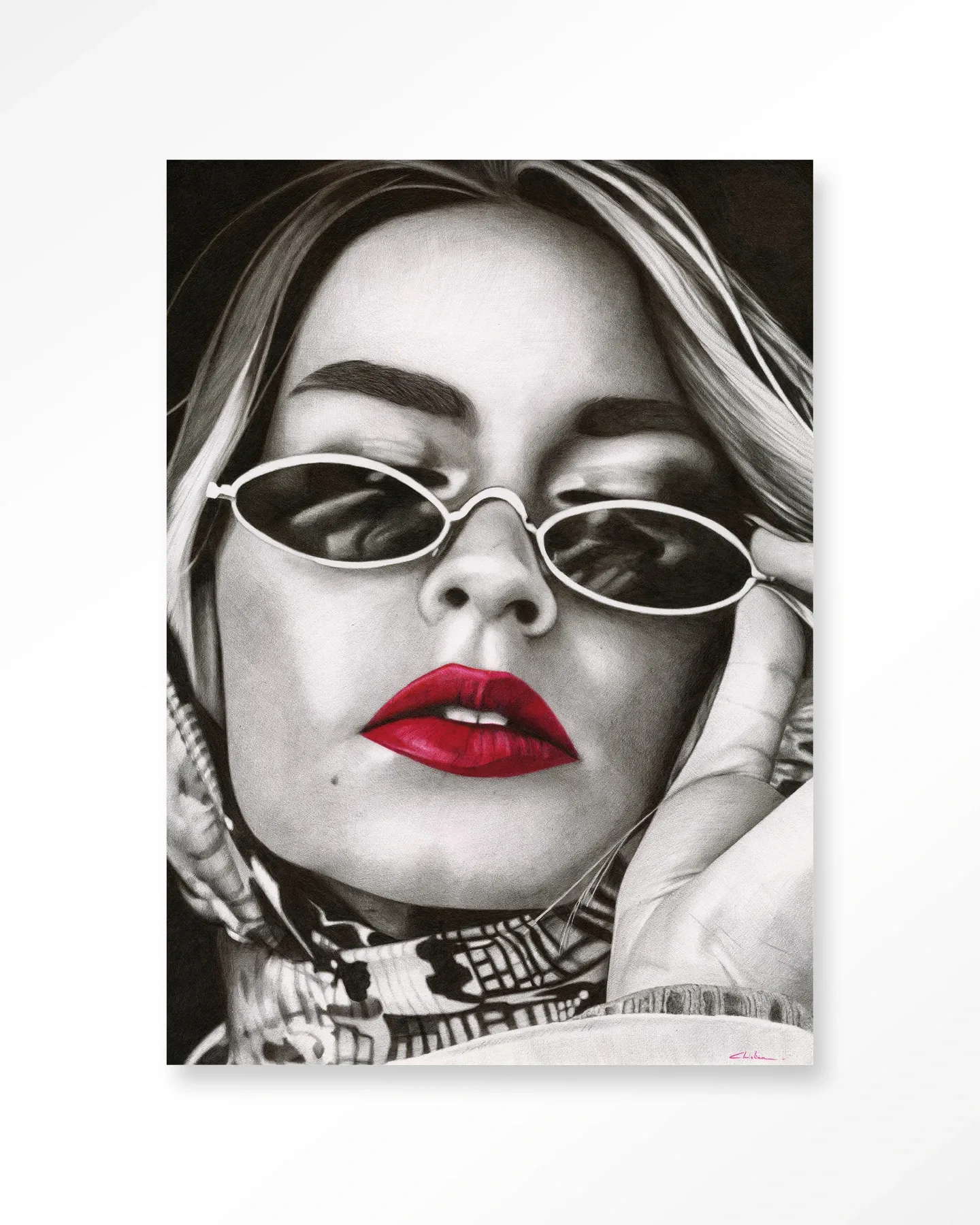 Wandkleed Fresh red - Urban Cotton met een close-up portret van een vrouw met zonnebril en rode lippenstift