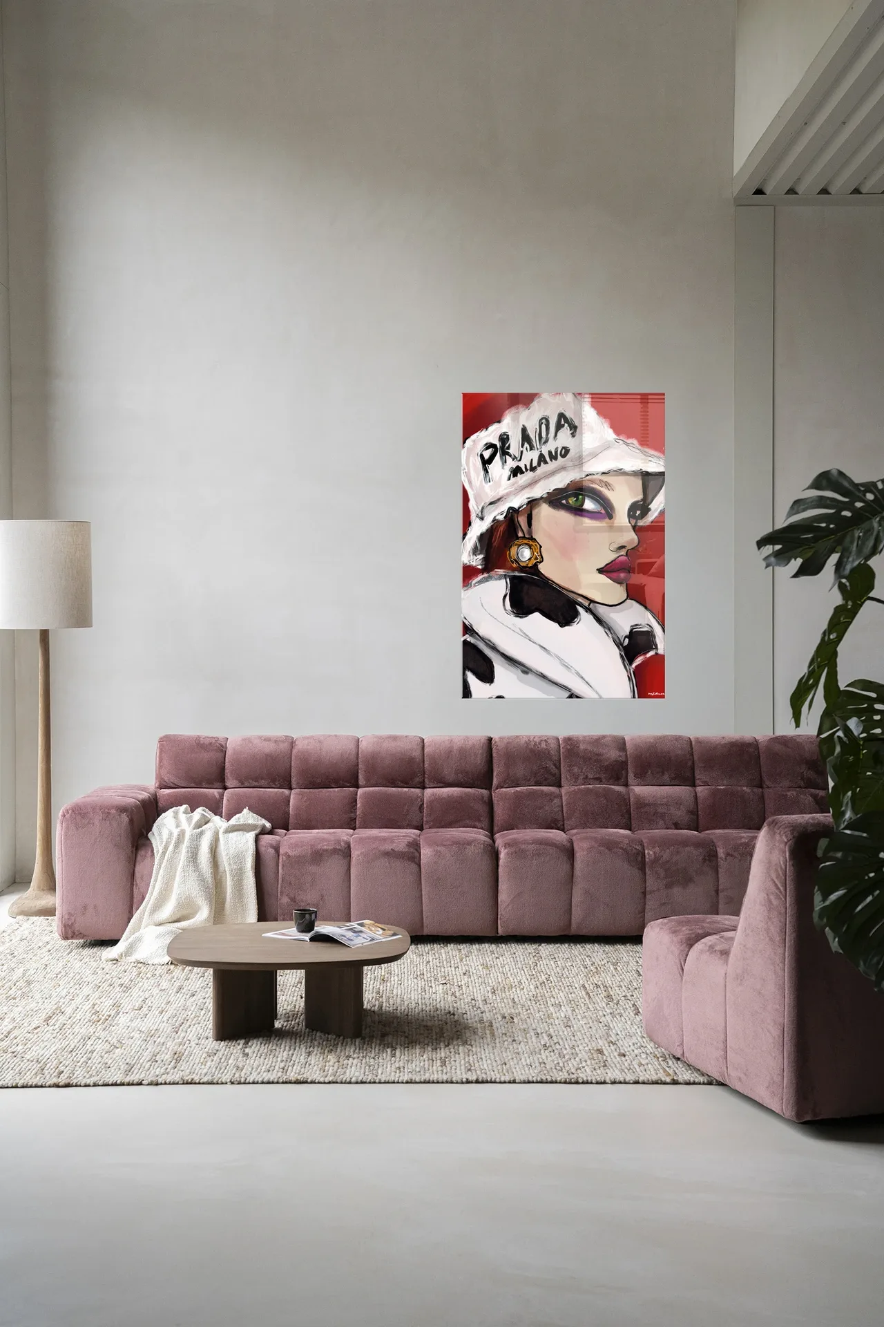 Wandkleed Julie - Urban Cotton in een moderne woonkamer boven een roze bank