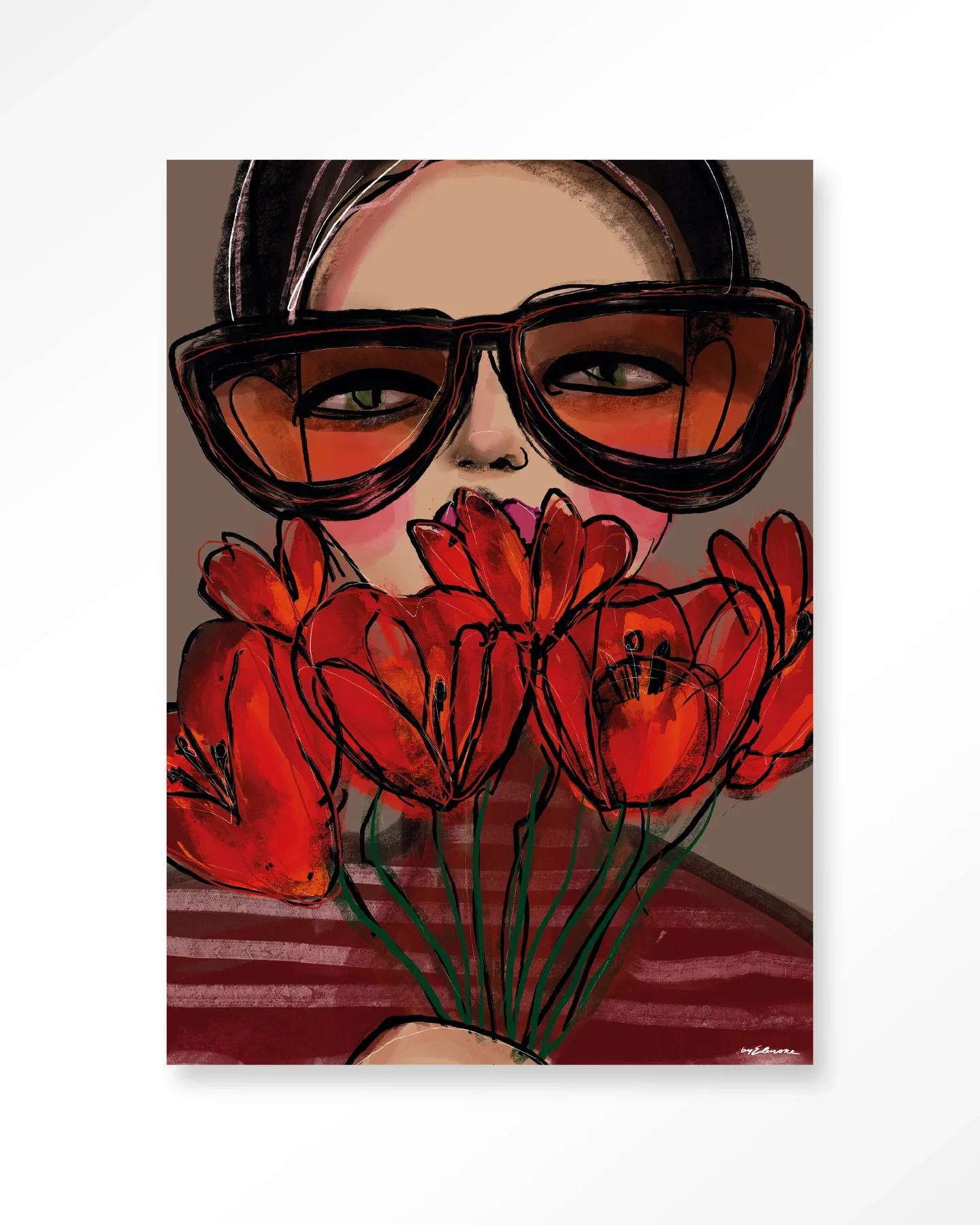 Wandkleed Poppy - Urban Cotton met illustratie van vrouw met zonnebril en rode bloemen