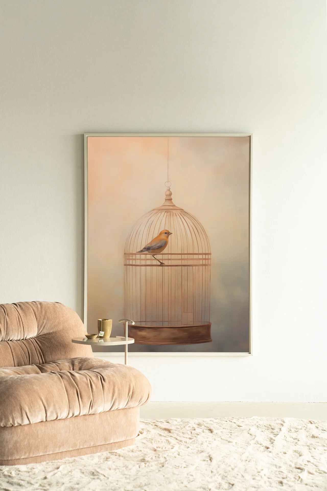 Wandteppich Bird Cage - Urban Cotton hängt an einer hellen Wand neben einem beigefarbenen Sofa