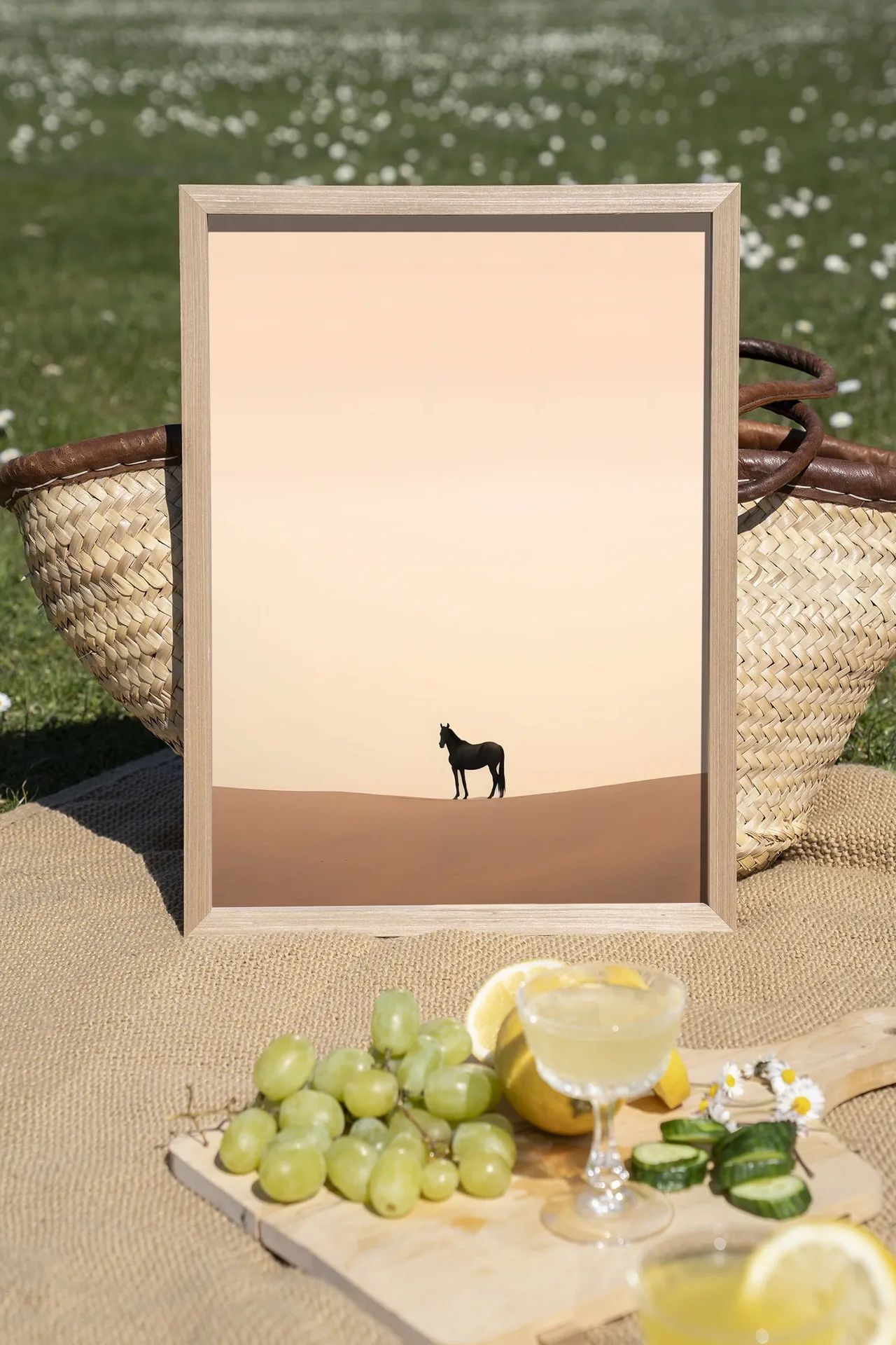 Wandteppich Desert Horse - Urban Cotton, in einem hellen Holzrahmen, auf einer Picknickdecke im Gras
