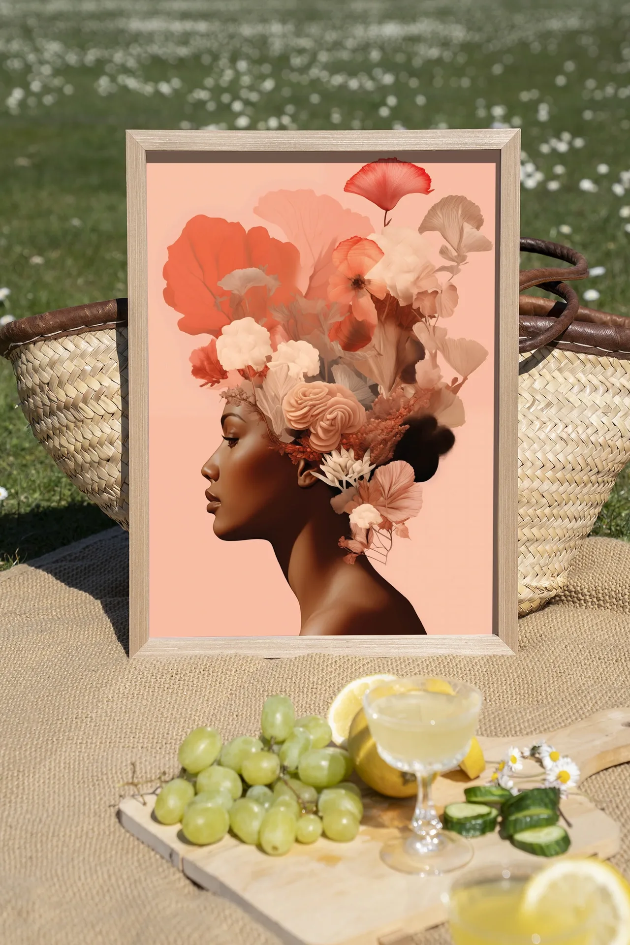 Ein gerahmtes Wandtuch Flower Crown - Urban Cotton steht auf einer Picknickdecke mit Obst und Getränken
