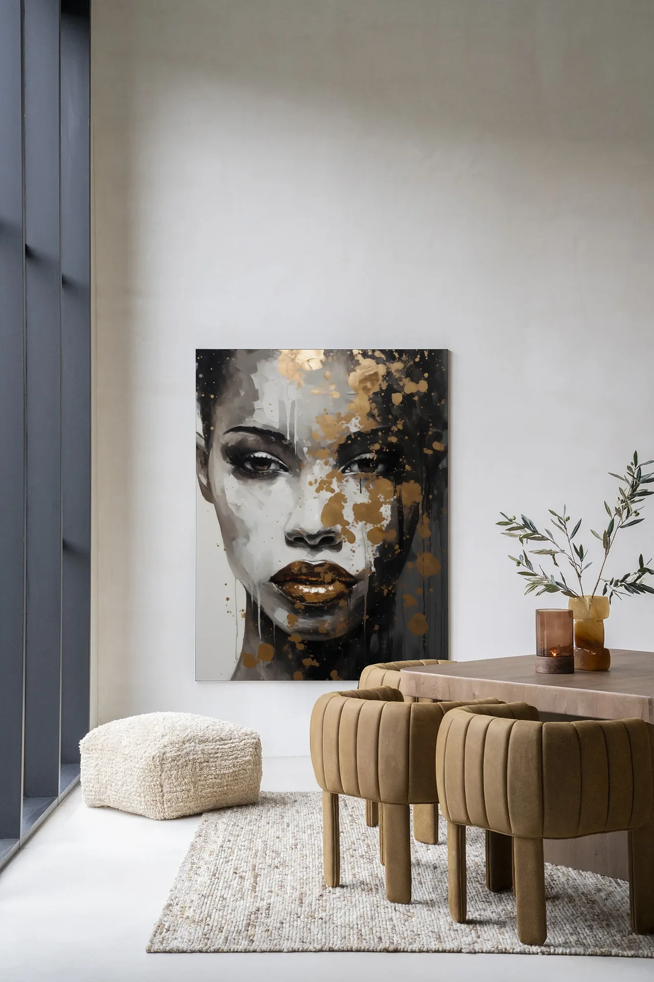 Wandteppich Golden Girl - Urban Cotton in einem modernen Esszimmer mit einem Holztisch und braunen Stühlen