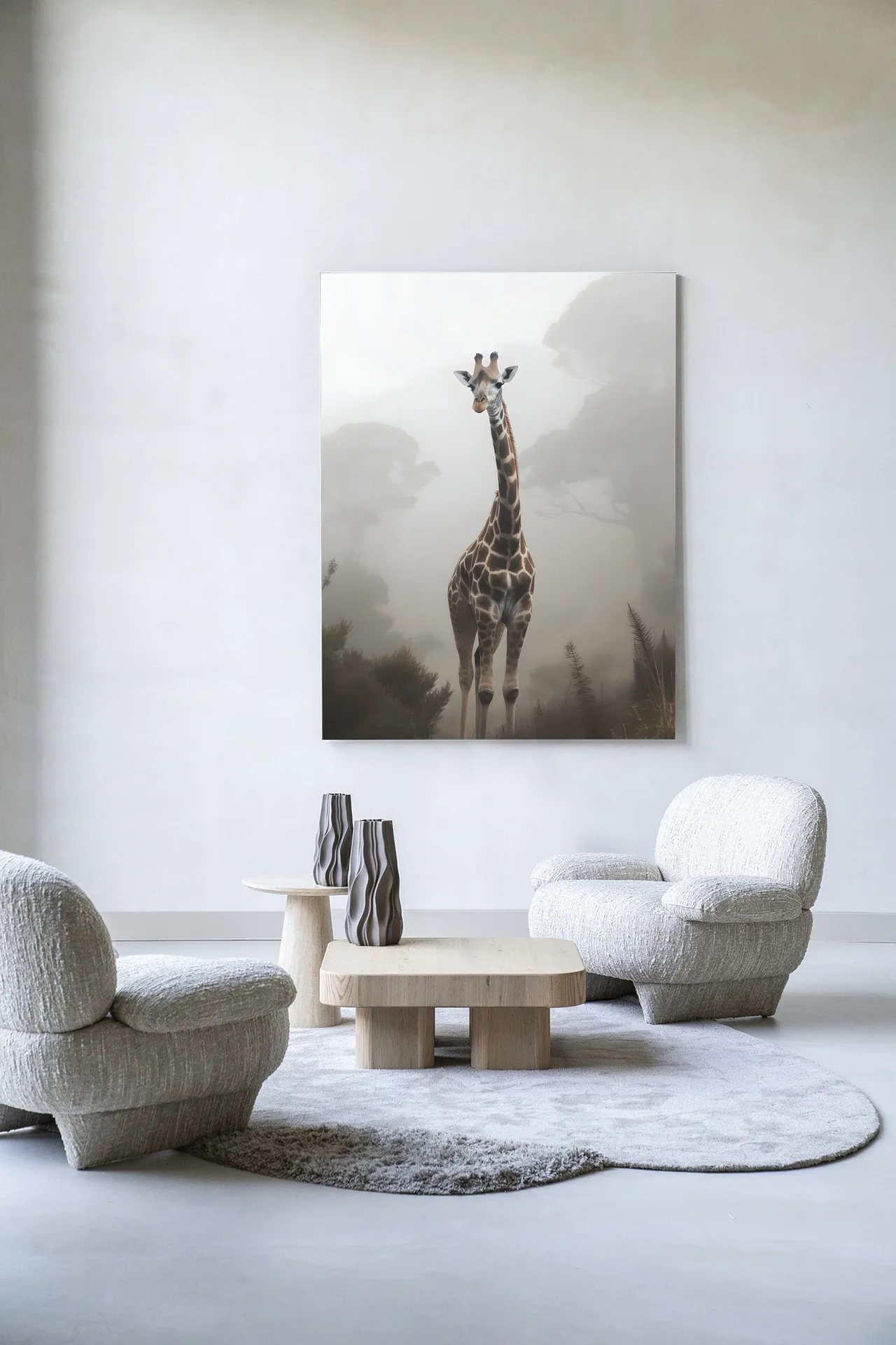 Wandtuch Giraffe Mist - Urban Cotton hängt in einem hellen Wohnzimmer über zwei Couchtischen