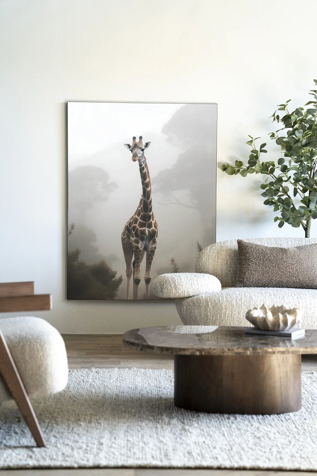 Ein Wandtuch Giraffe Mist in einem stimmungsvollen Wohnzimmer mit Sofa, Couchtisch und Pflanze - Urban Cotton