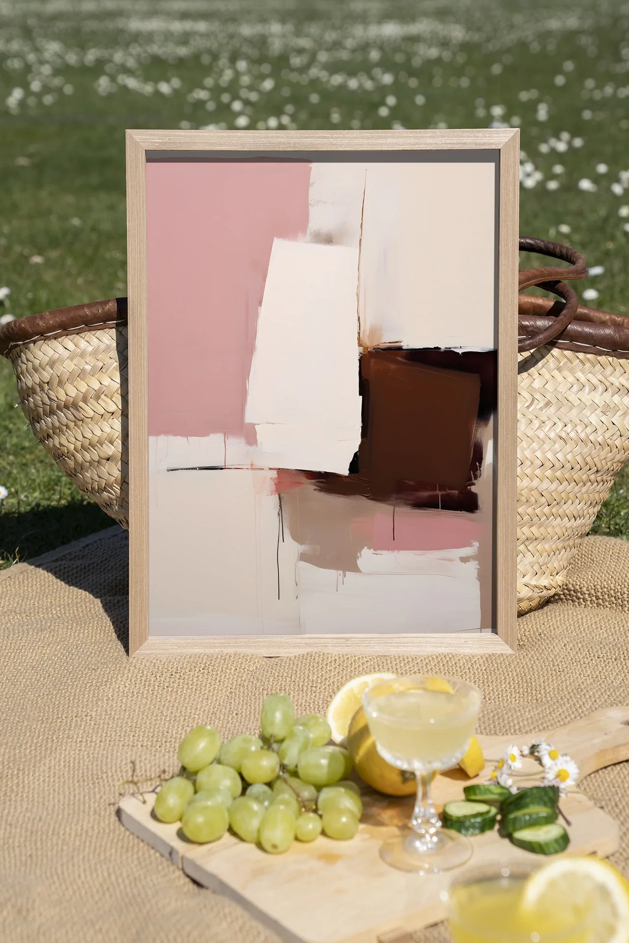 Wandteppich Pink Fields - Urban Cotton stehend auf einer Picknickdecke mit Obst und Getränken