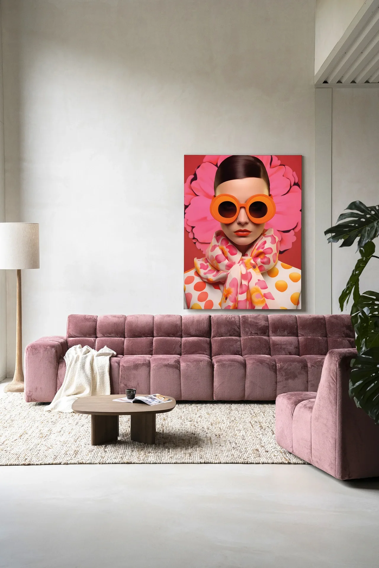 Wandteppich Pink Flower - Urban Cotton hängt über einem rosa Sofa in einem modernen Wohnzimmer