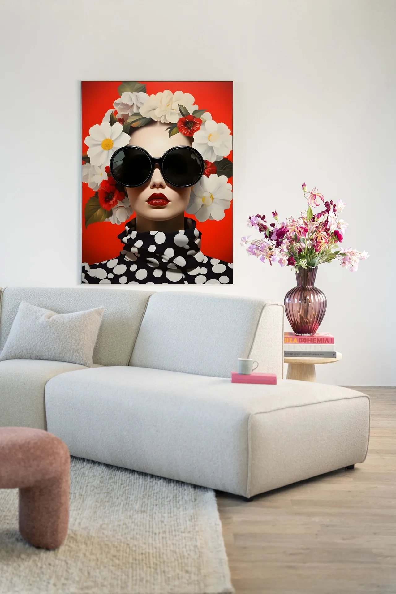 Wandteppich Red Flower - Urban Cotton hängt über einem hellen Sofa in einem modernen Wohnzimmer