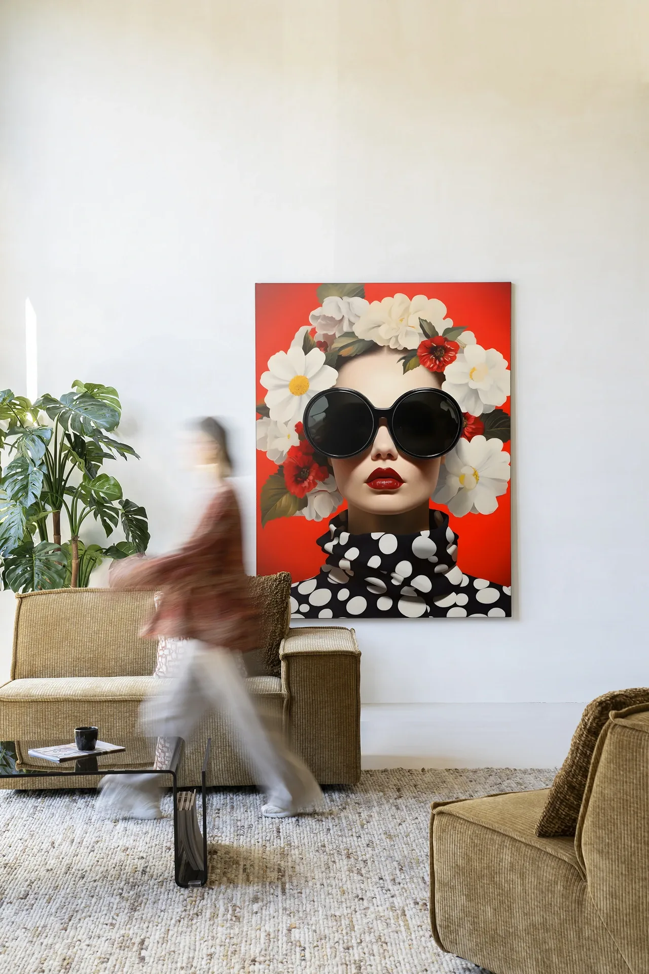 Wandteppich Red Flower in einem modernen Wohnzimmer mit einer vorbeigehenden Person - Urban Cotton