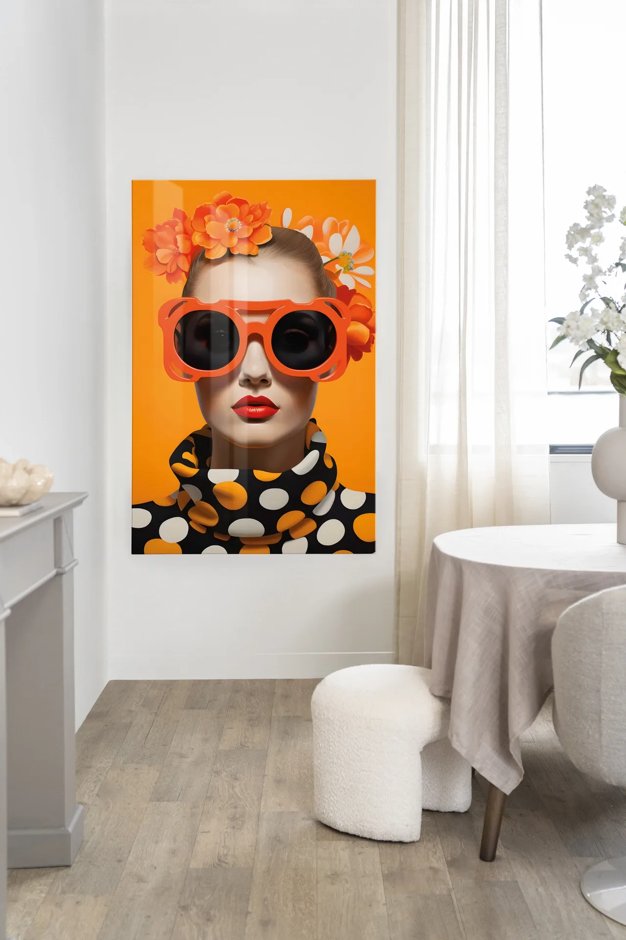 Wandteppich Orange Flower - Urban Cotton hängt an einer weißen Wand in einem modernen Interieur