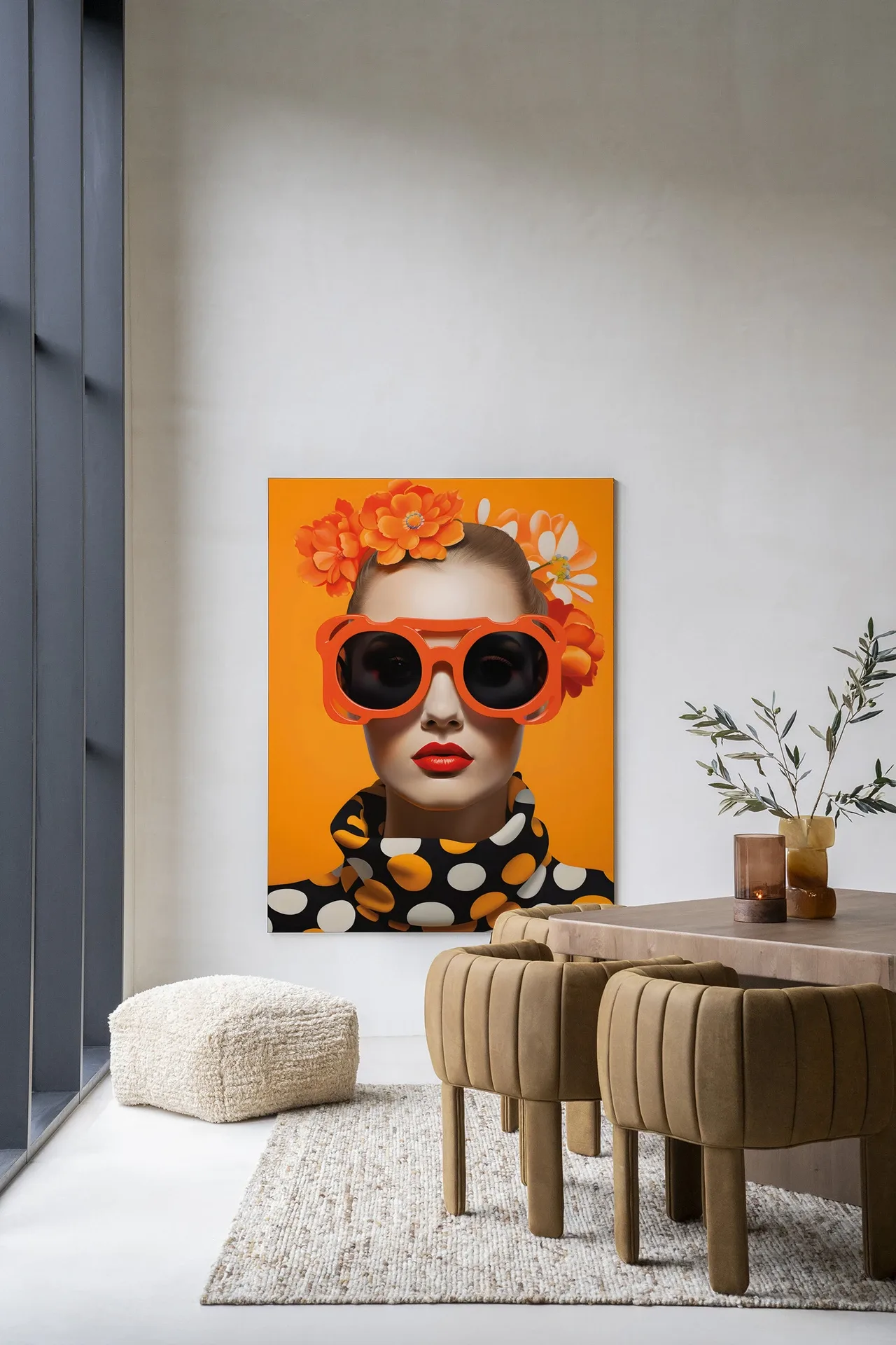 Wandteppich Orange Flower - Urban Cotton hängt an einer weißen Wand in einem modernen Interieur