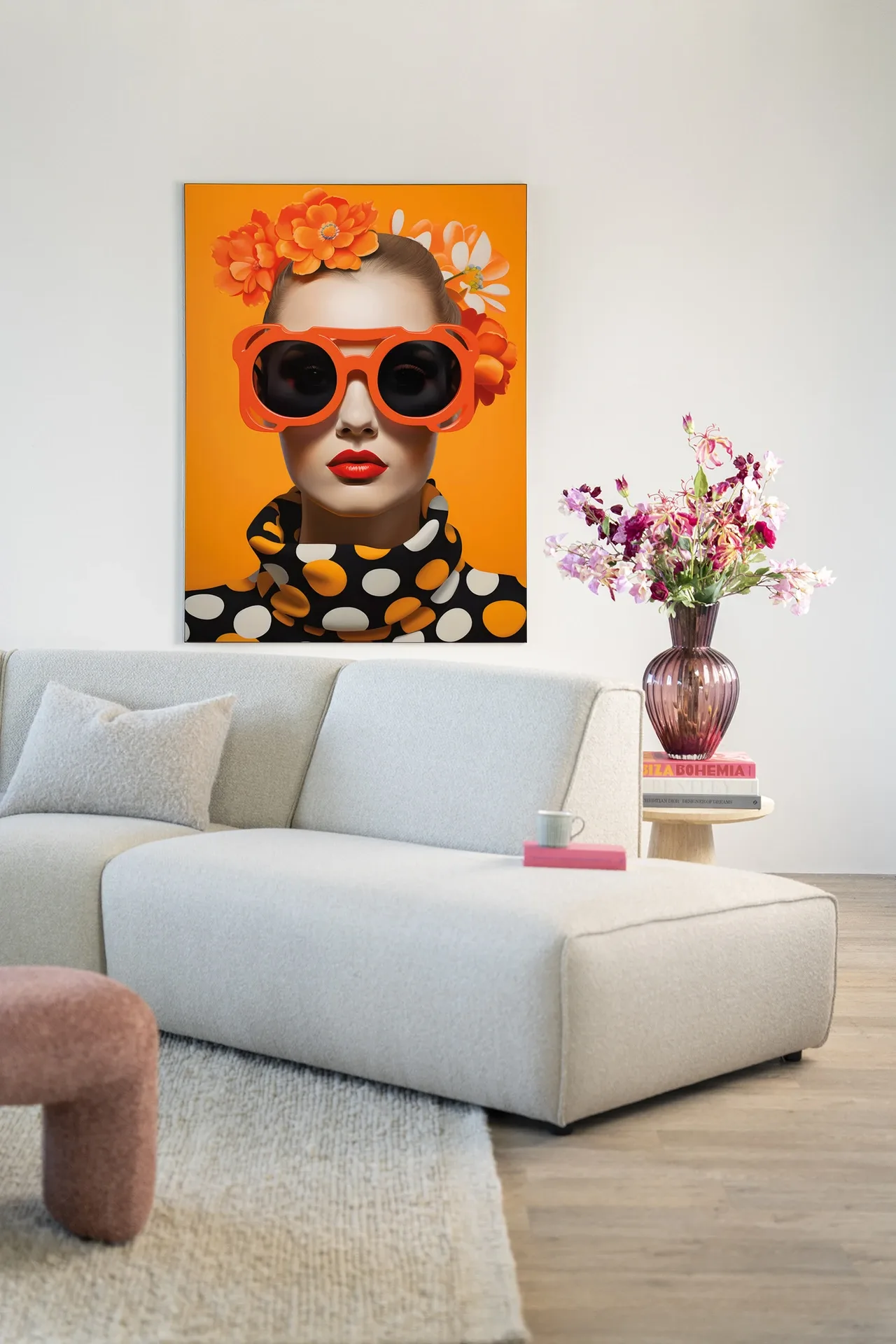Wandteppich Orange Flower - Urban Cotton in einem modernen Wohnzimmer über einem beigen Sofa