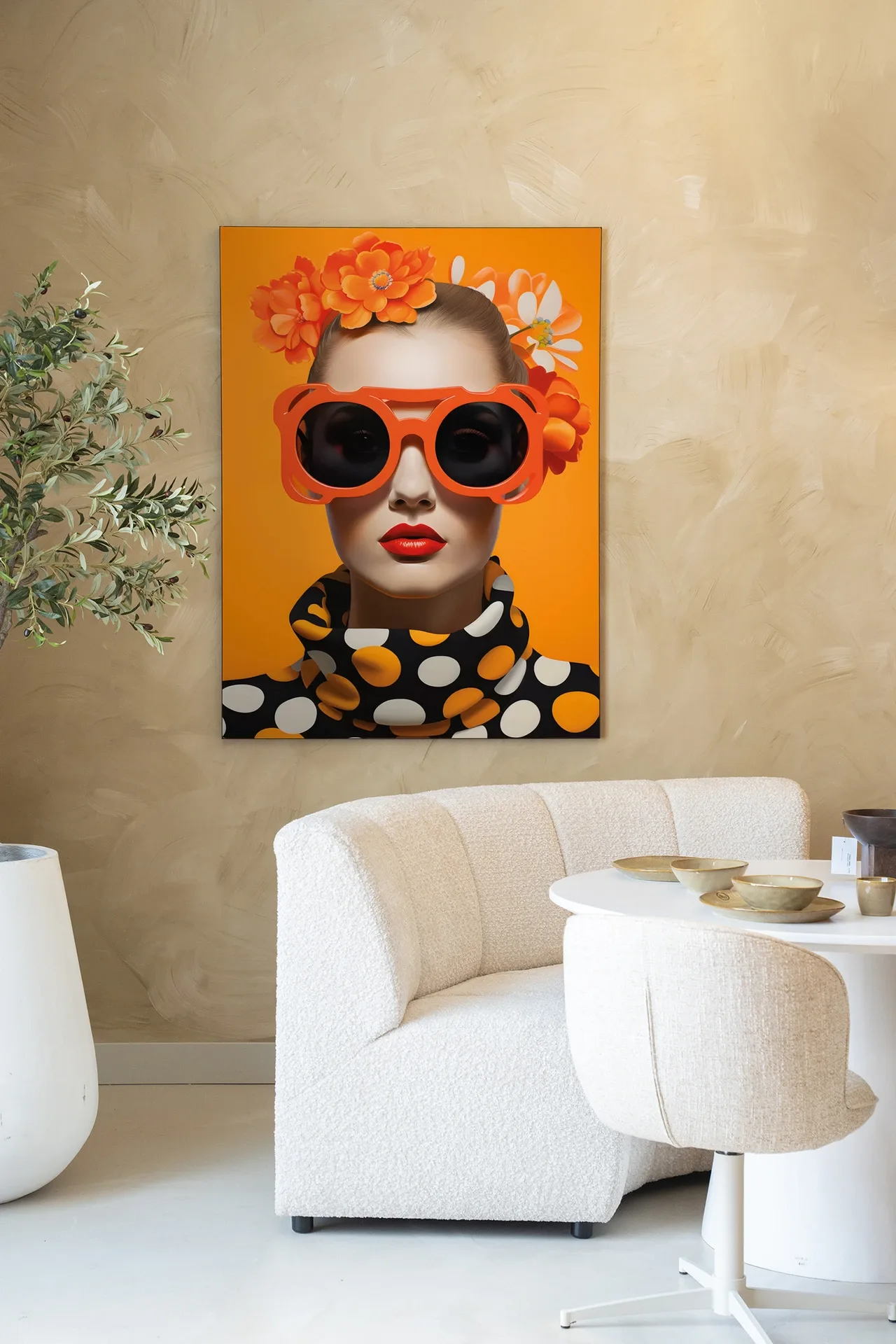 Wandteppich Orange Flower - Urban Cotton hängt an einer beigefarbenen Wand, mit einem weißen Stuhl und Tisch im Vordergrund