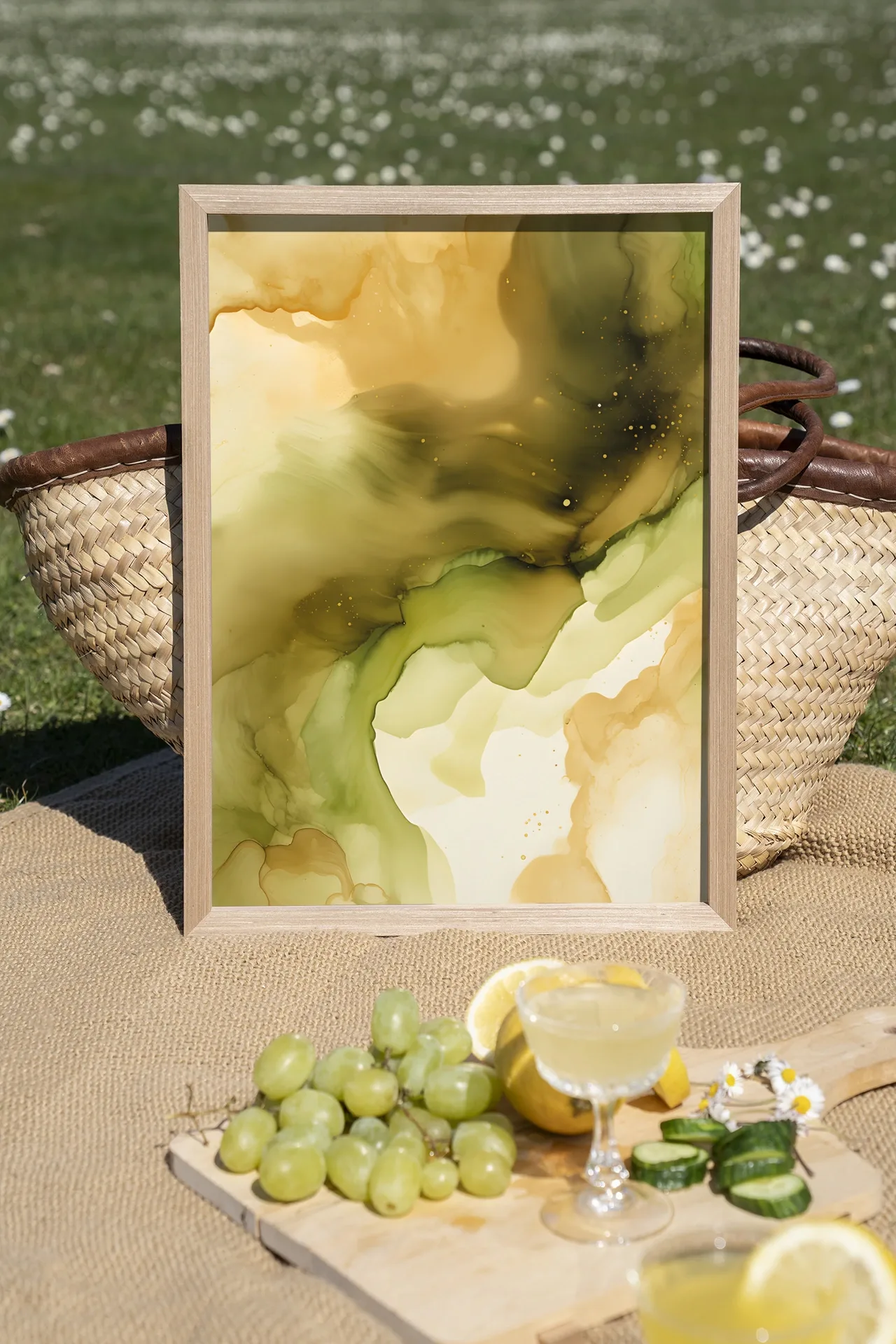 Wandteppich Green Flow - Urban Cotton in einem hellen Holzrahmen, stehend auf einer Picknickdecke im Gras