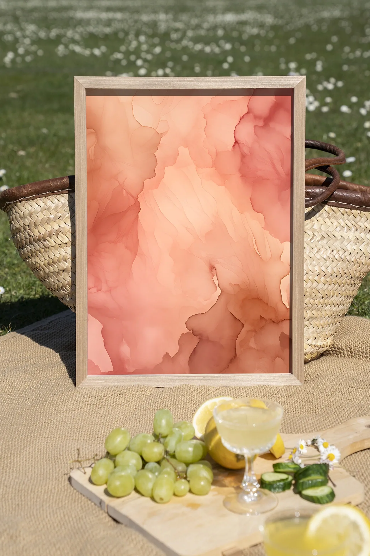Wandtuch Flowing Pink - Urban Cotton in einem Holzrahmen, stehend auf einer Picknickdecke im Gras