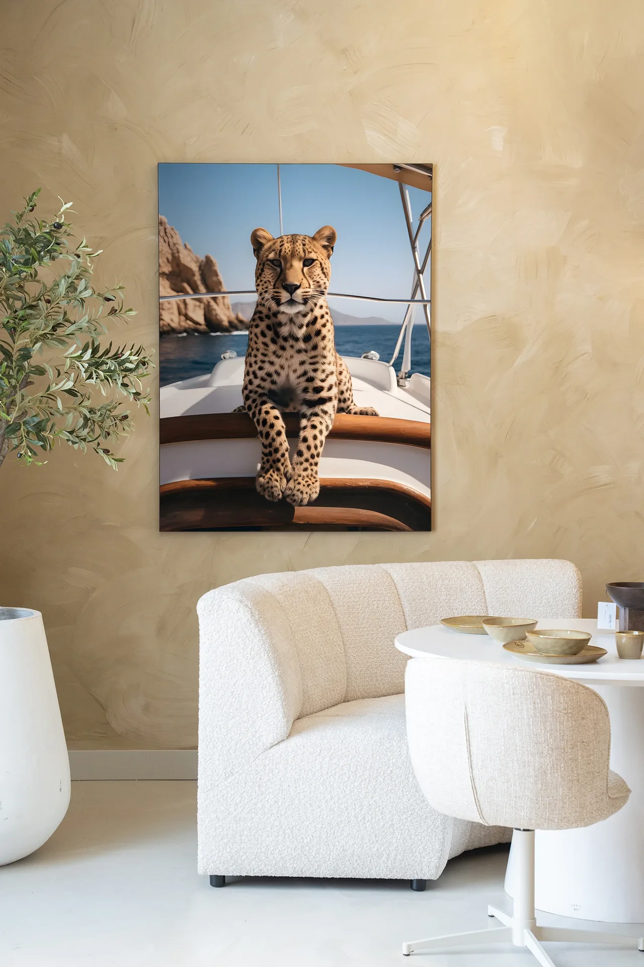 Wandteppich Sailboat Cheetah hängt an einer beigefarbenen Wand, mit einem weißen Stuhl und Tisch im Vordergrund - Urban Cotton