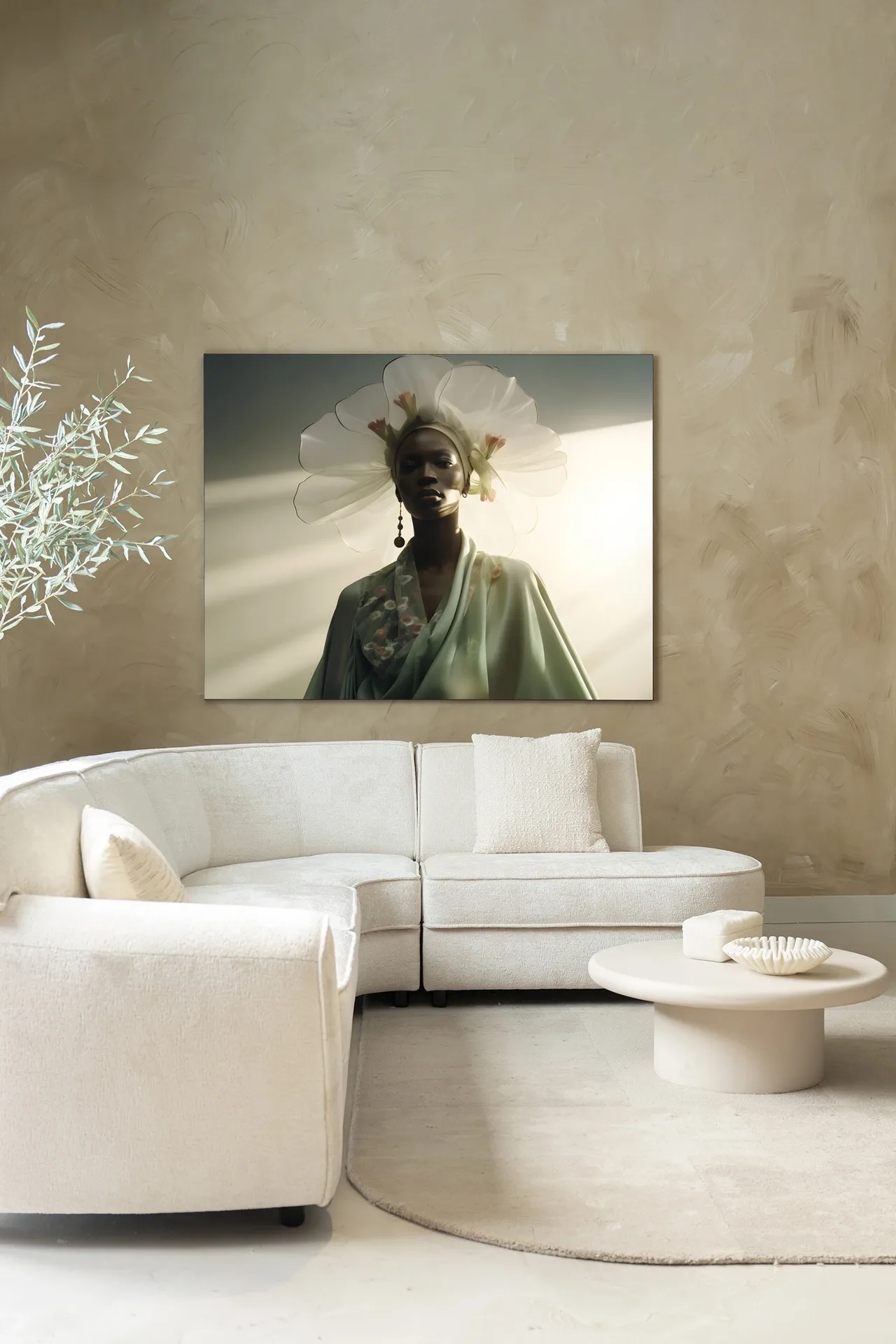 Wandteppich Editorial Crown - Urban Cotton in einem modernen Wohnzimmer über einem beigefarbenen Sofa