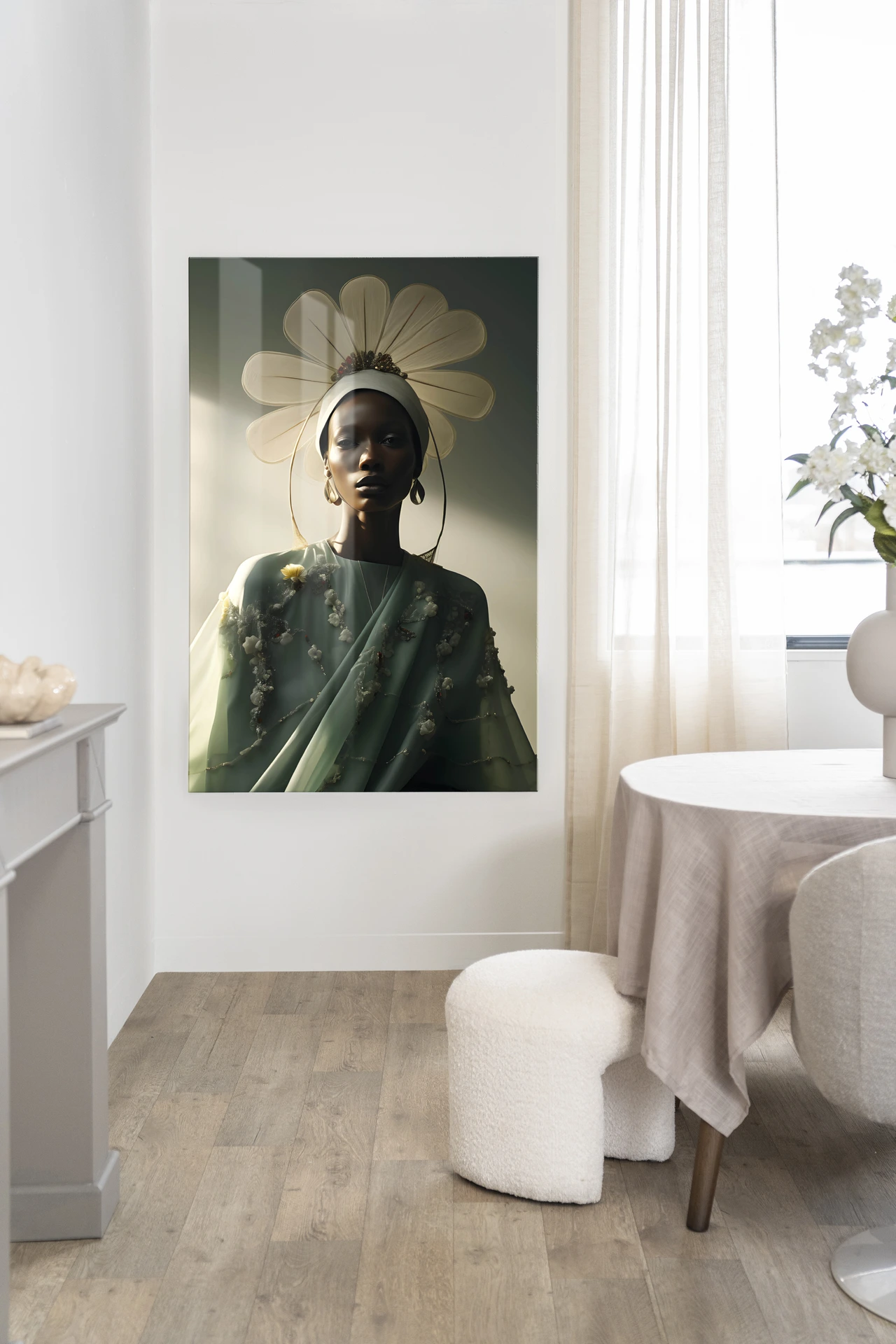 Wandteppich Editorial Flower - Urban Cotton hängt an einer weißen Wand in einem hellen Esszimmer