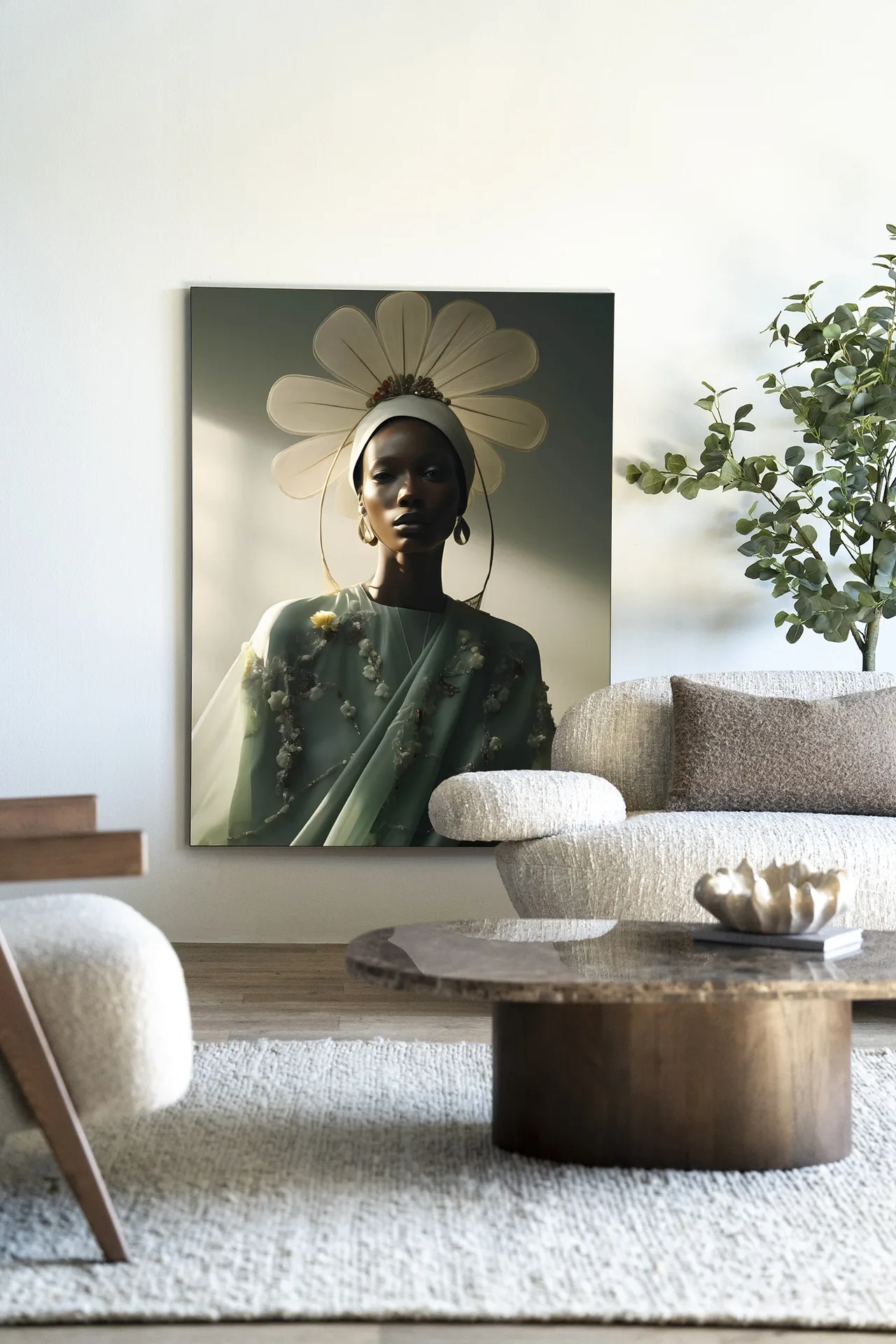 Wandteppich Editorial Flower - Urban Cotton in einem modernen Wohnzimmer mit Sofa und Couchtisch