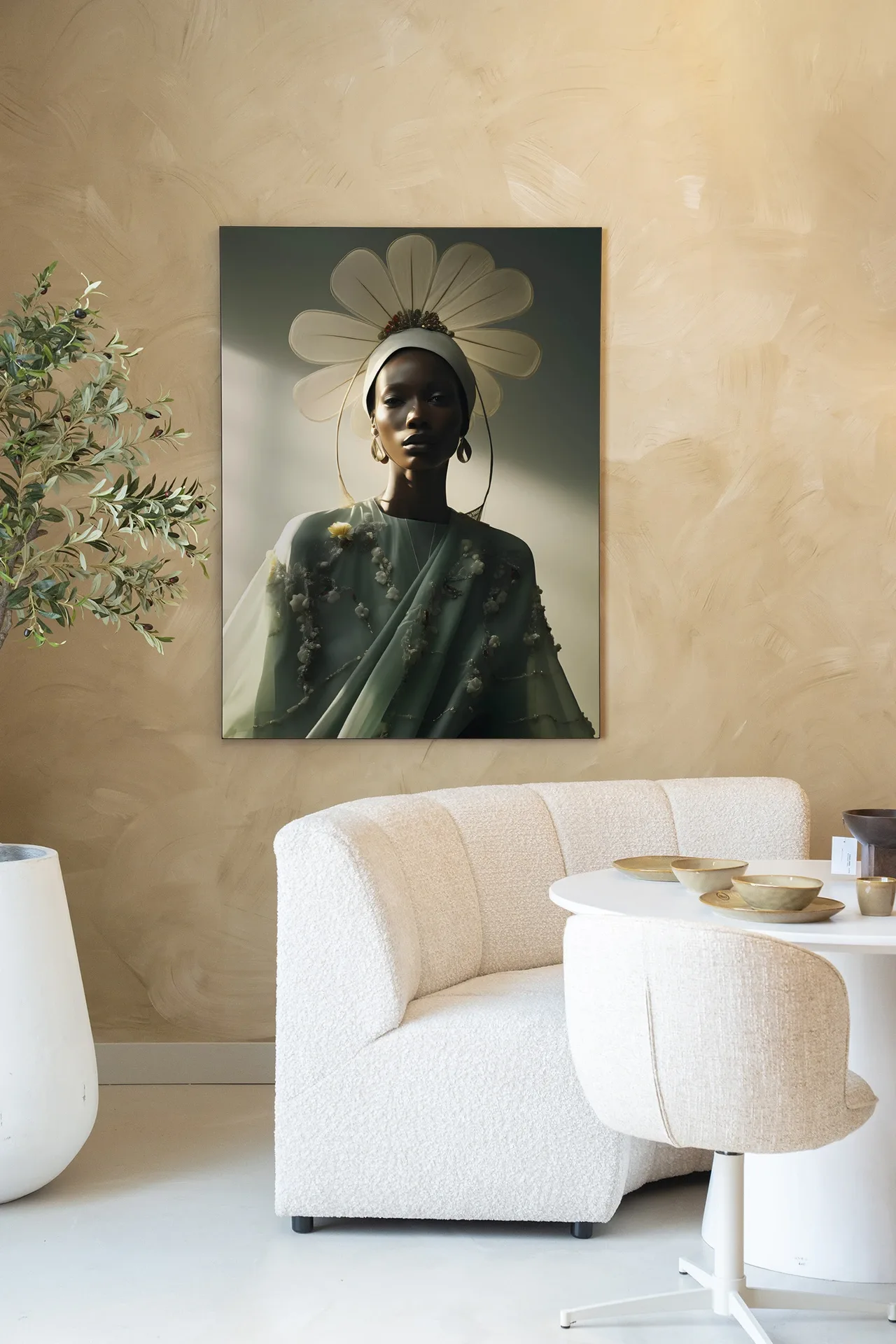 Wandteppich Editorial Flower - Urban Cotton hängt an einer beigefarbenen Wand über einem weißen Sofa und Tisch