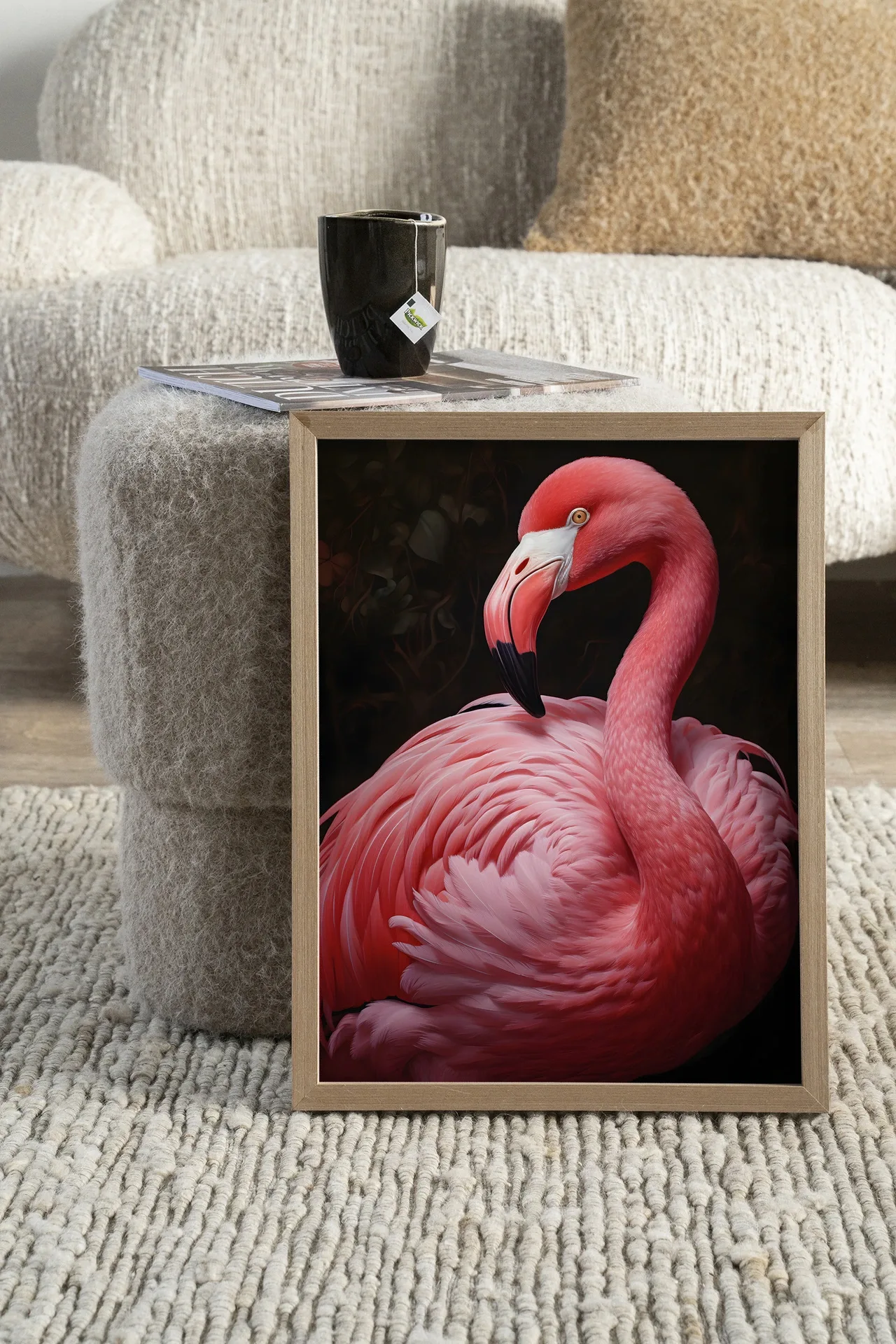 Wandteppich Pink Flamingo - Urban Cotton in einem Wohnzimmer mit einem Hocker und einer Tasse Tee
