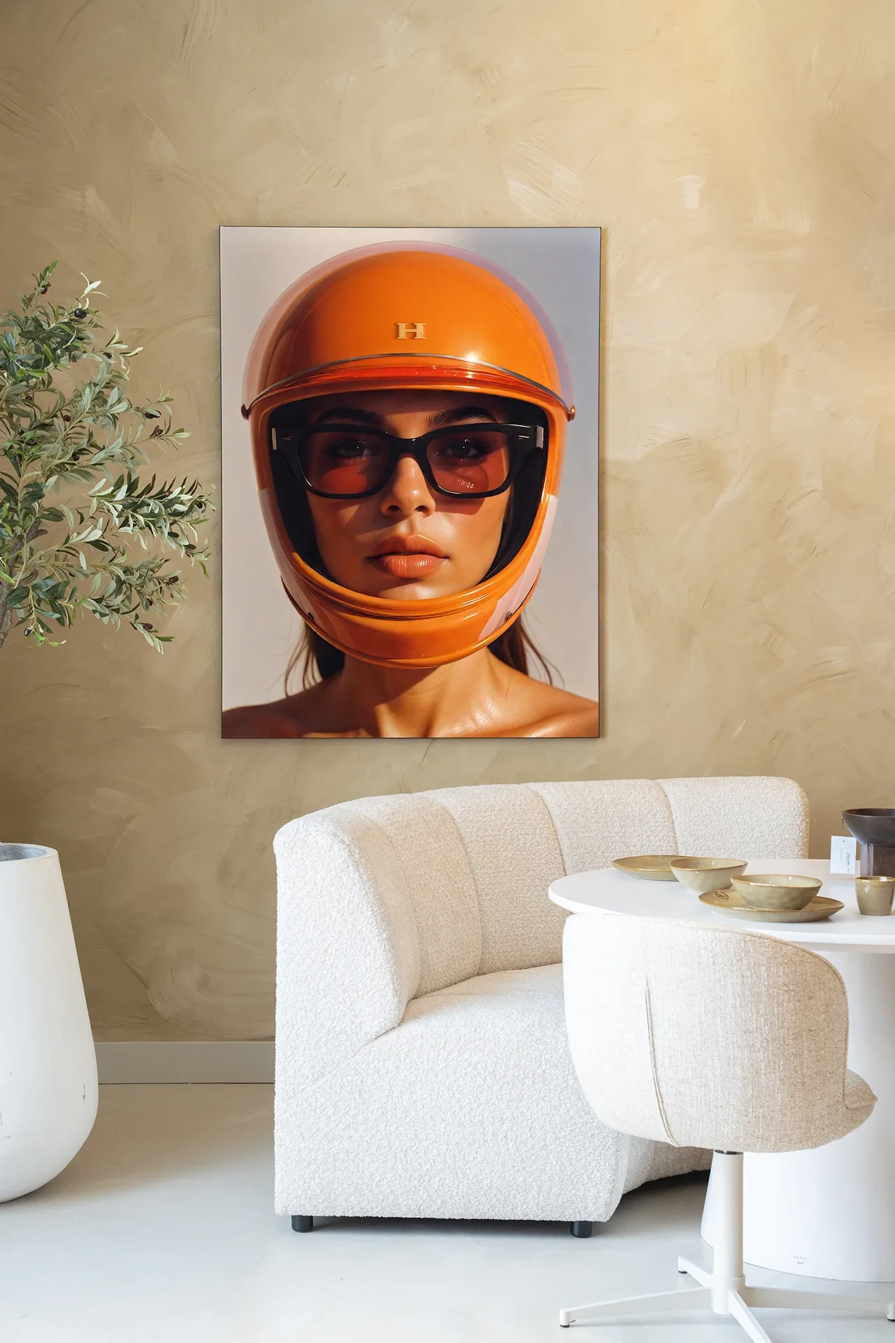 Wandteppich Hermes Helmet - Urban Cotton hängt an einer Wand in einem modernen Interieur mit Sofa und Tisch