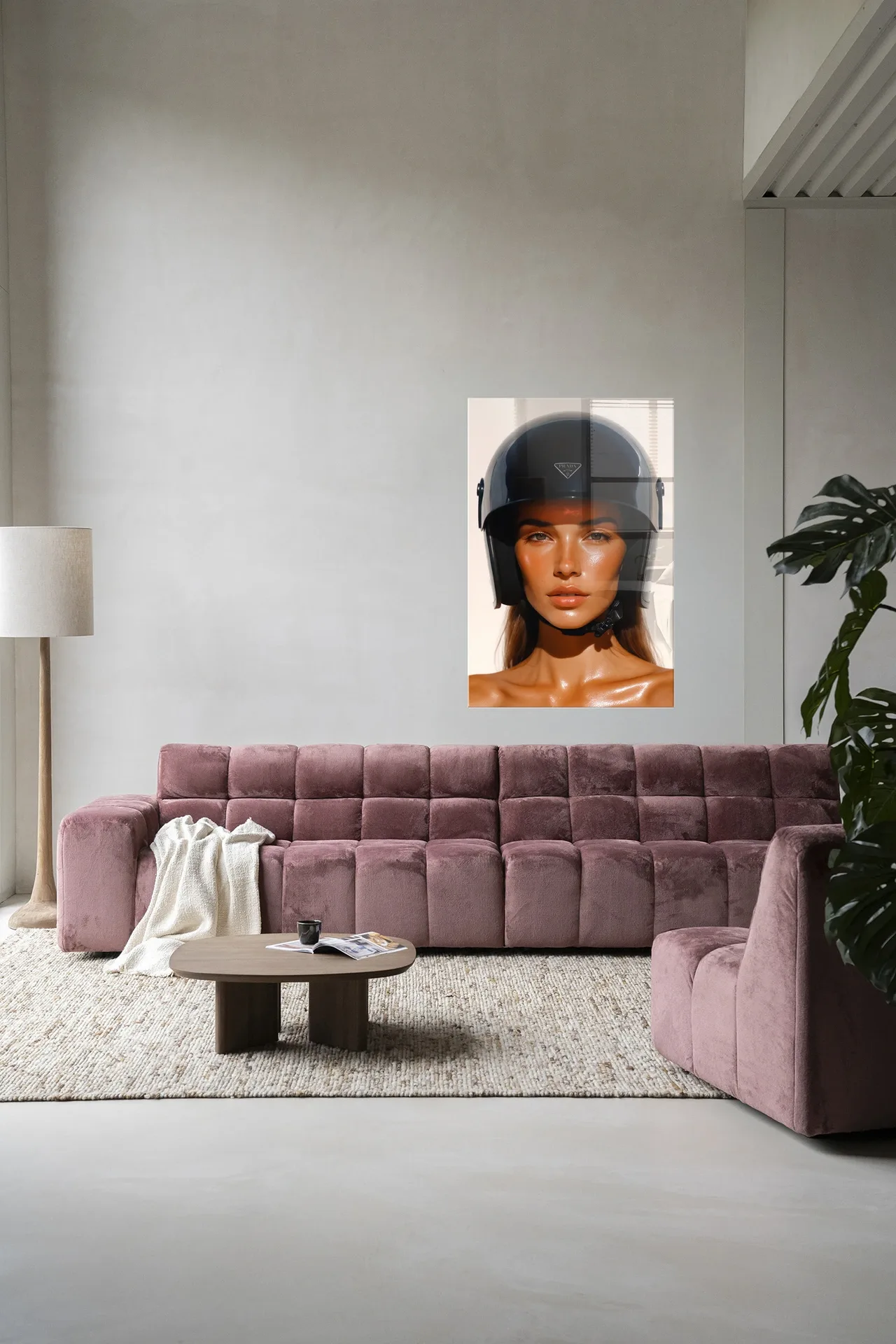 Wandteppich Prada Helmet hängt an einer hellen Wand über einem rosa Sofa in einem modernen Wohnzimmer - Urban Cotton